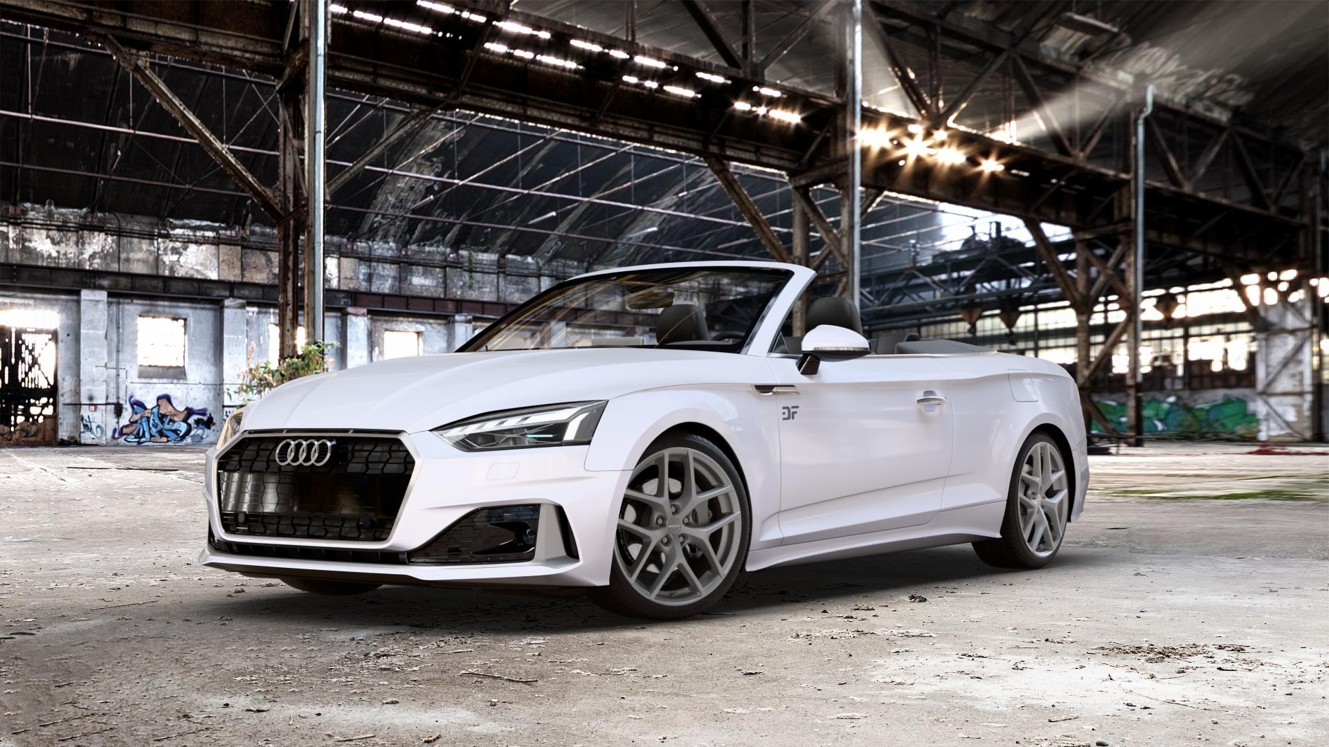 Borbet Y titan matt Felge mit Reifen grau in 19Zoll Winterfelge Alufelge auf weißem Audi A5 Typ B9 (Cabriolet) Facelift ⬇️ mit 15mm Tieferlegung ⬇️ Old Industrial Hall_max_5300mm_2024 Frontansicht_1
