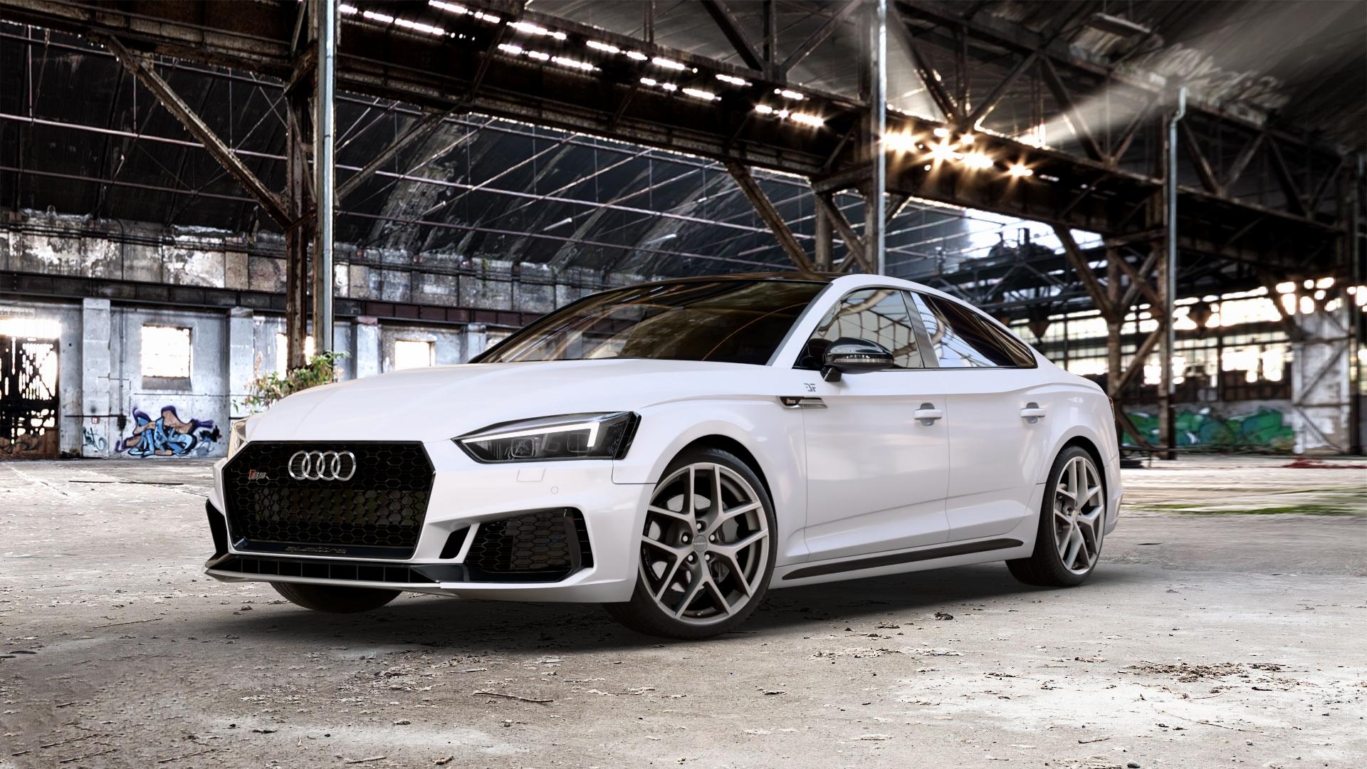 Borbet Y titan matt Felge mit Reifen grau in 19Zoll Winterfelge Alufelge auf weissem Audi A5 Typ B9 (Sportback) 3,0l S5 TFSI quattro 260kW (354 PS) 2,9l RS5 331kW (450 TDI 255kW Mild-Hybrid (347 ⬇️ mit 15mm Tieferlegung ⬇️ Old Industrial Hall_max_5300mm_2024 Frontansicht_1