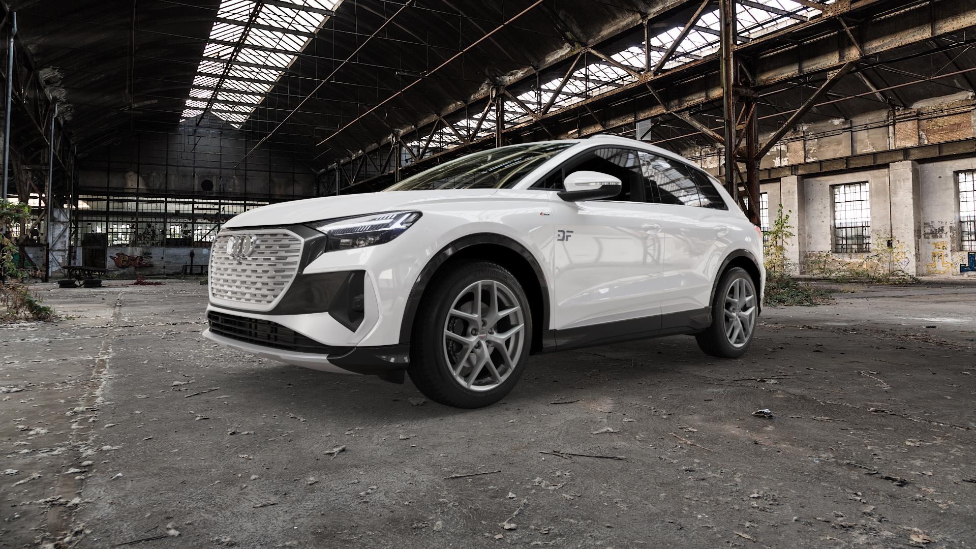 Borbet Y titan matt Felge mit Reifen grau in 19Zoll Winterfelge Alufelge auf weissem Audi Q4 Typ FZ ⬇️ mit 15mm Tieferlegung ⬇️ Old Industrial Hall_max5000mm_2022 Frontansicht_1