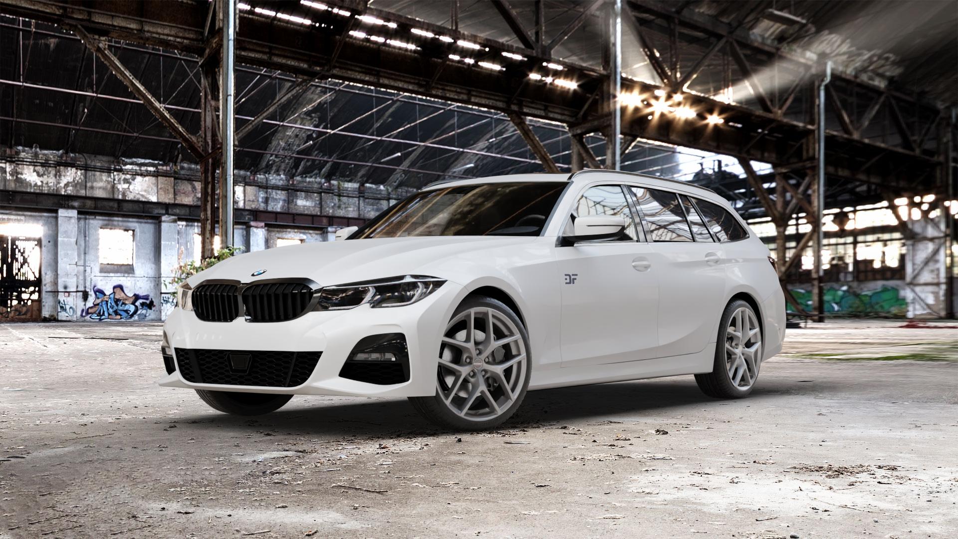 Borbet Y titan matt Felge mit Reifen grau in 19Zoll Winterfelge Alufelge auf weissem BMW 3er G21 Touring (G3K) ⬇️ mit 15mm Tieferlegung ⬇️ Old Industrial Hall_max_5300mm_2024 Frontansicht_1