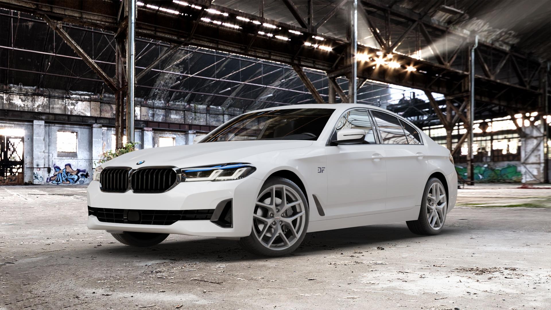 Borbet Y titan matt Felge mit Reifen grau in 19Zoll Winterfelge Alufelge auf weissem BMW 5er G30 Limousine (G5L) Facelift ⬇️ mit 15mm Tieferlegung ⬇️ Old Industrial Hall_max_5300mm_2024 Frontansicht_1