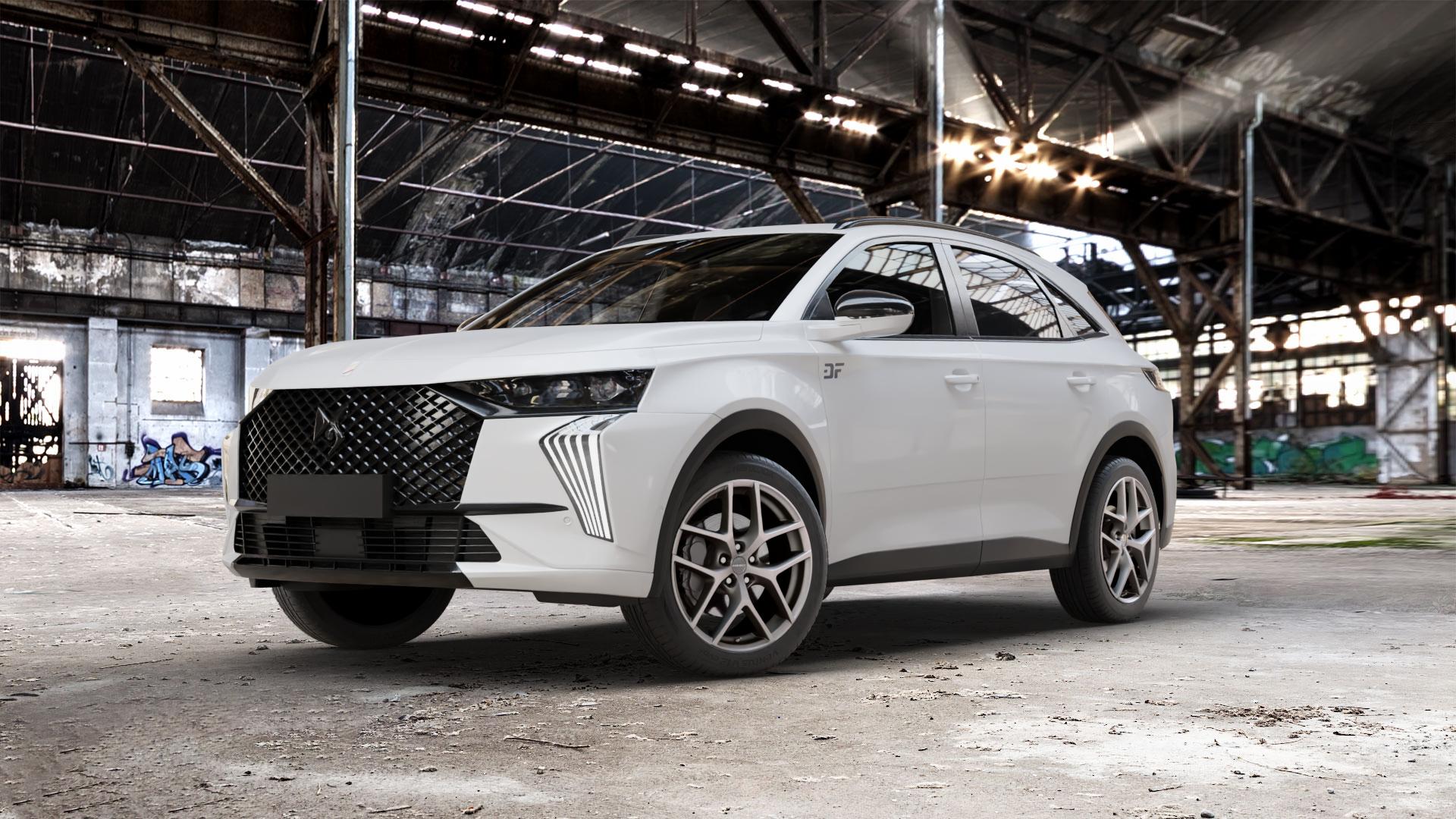 Borbet Y titan matt Felge mit Reifen grau in 19Zoll Winterfelge Alufelge auf weissem DS Automobiles DS7 Crossback Typ J 1,6l E-Tense 300 147kW (200 PS) 225 133kW (181 4x4 Citroen ⬇️ mit 15mm Tieferlegung ⬇️ Old Industrial Hall_max_5300mm_2024 Frontansicht_1