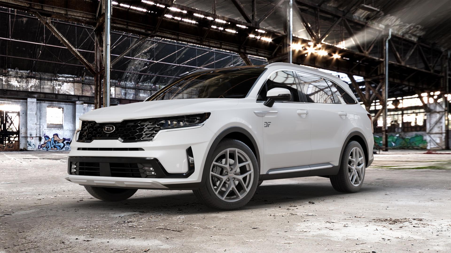 Borbet Y titan matt Felge mit Reifen grau in 19Zoll Winterfelge Alufelge auf weissem Kia Sorento IV Typ MQ4 ⬇️ mit 15mm Tieferlegung ⬇️ Old Industrial Hall_max_5300mm_2024 Frontansicht_1