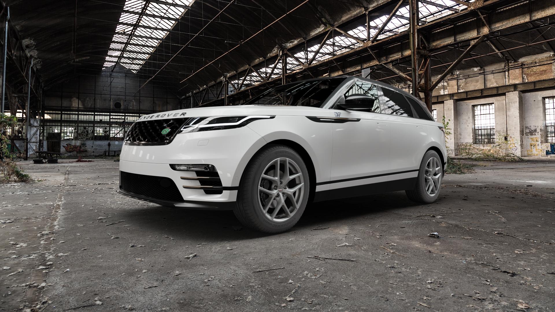Borbet Y titan matt Felge mit Reifen grau in 19Zoll Winterfelge Alufelge auf weissem Land Rover Range Velar Typ LY Facelift ⬇️ mit 15mm Tieferlegung ⬇️ Old Industrial Hall_max5000mm_2022 Frontansicht_1