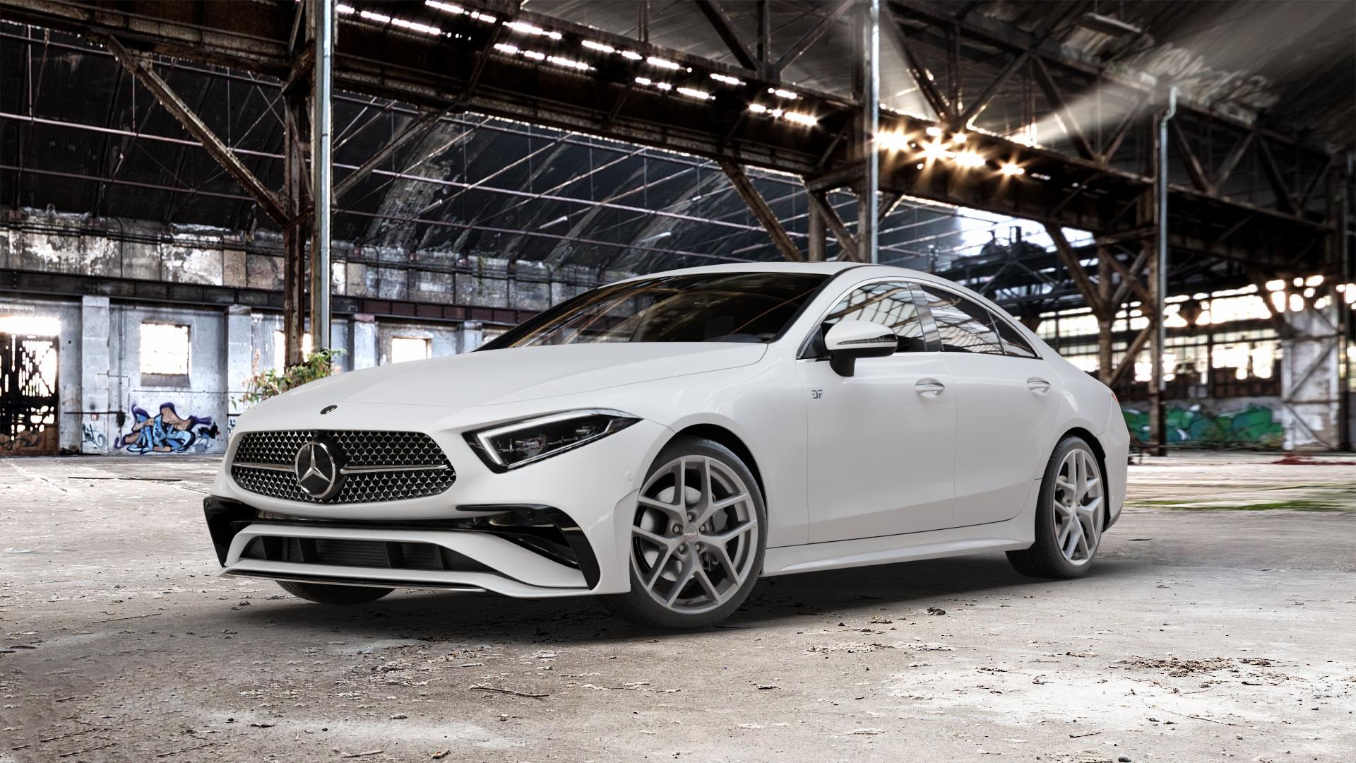 Borbet Y titan matt Felge mit Reifen grau in 19Zoll Winterfelge Alufelge auf weissem Mercedes CLS Typ C257 Facelift ⬇️ mit 15mm Tieferlegung ⬇️ Old Industrial Hall_max_5300mm_2024 Frontansicht_1