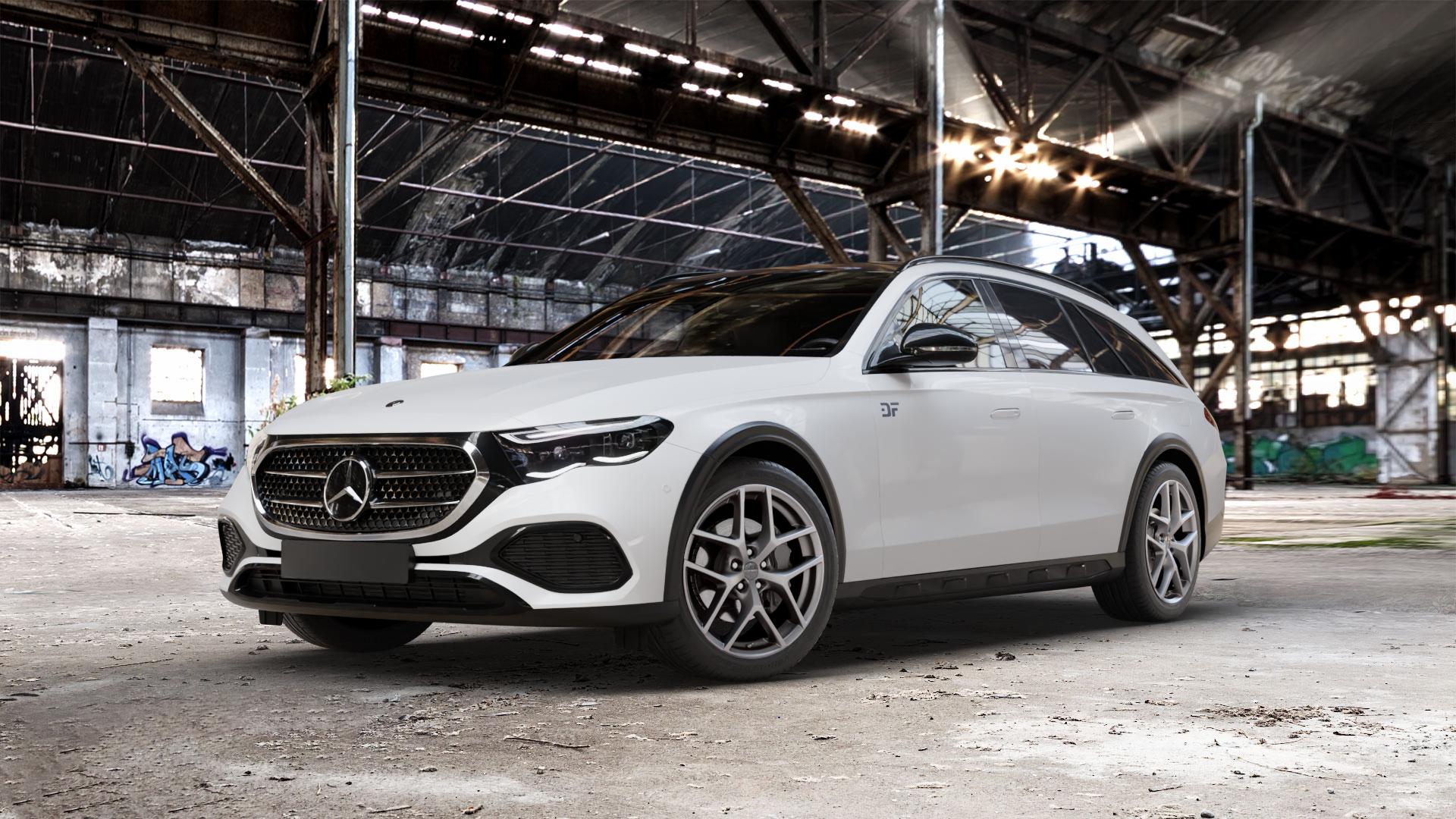 Borbet Y titan matt Felge mit Reifen grau in 19Zoll Winterfelge Alufelge auf weissem Mercedes E-Klasse Typ S214 All-Terrain Coupe ⬇️ mit 15mm Tieferlegung ⬇️ Old Industrial Hall_max_5300mm_2024 Frontansicht_1