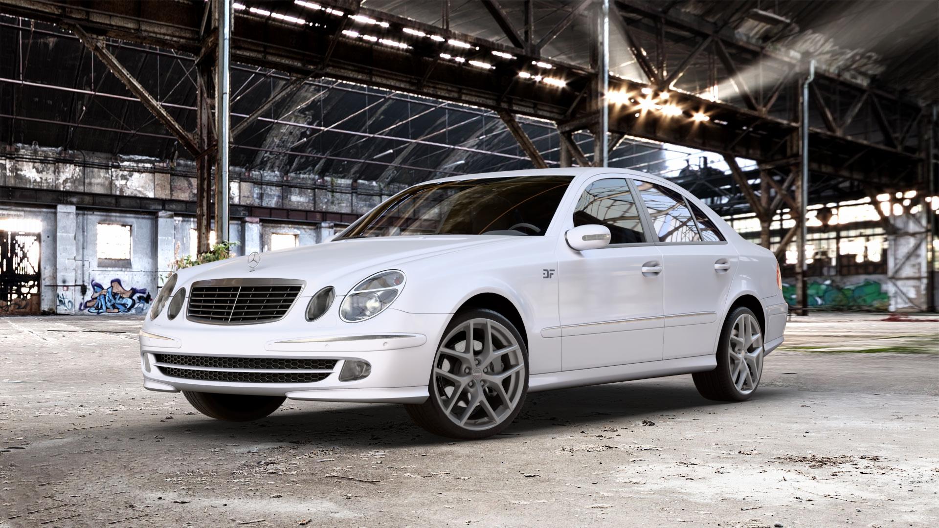 Borbet Y titan matt Felge mit Reifen grau in 19Zoll Winterfelge Alufelge auf weissem Mercedes E-Klasse Typ W211 Limousine ⬇️ mit 15mm Tieferlegung ⬇️ Old Industrial Hall_max_5300mm_2024 Frontansicht_1