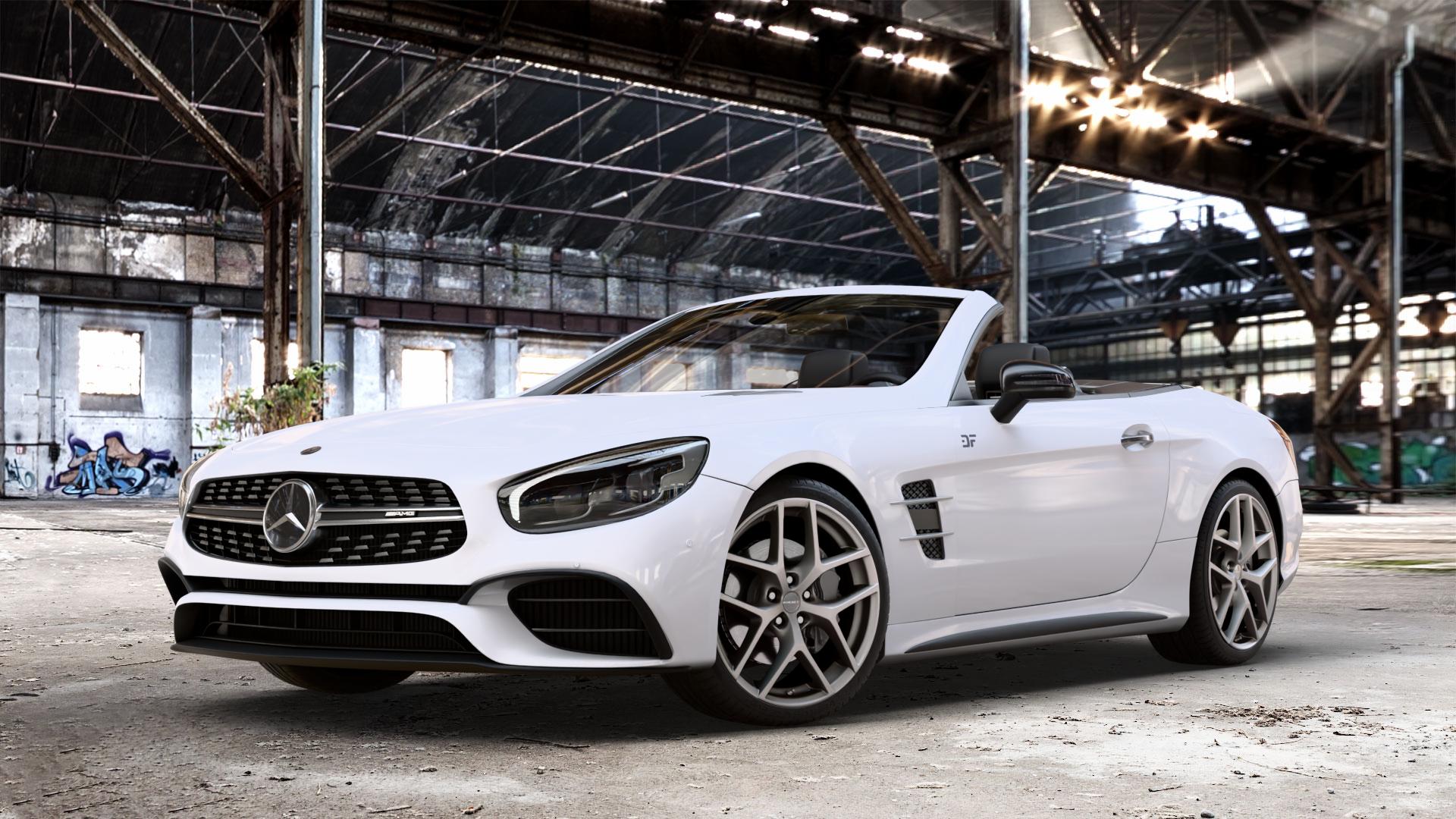 Borbet Y titan matt Felge mit Reifen grau in 19Zoll Winterfelge Alufelge auf weissem Mercedes SL Typ R231 Facelift 5,5l 63 AMG 430kW (585 PS) 6,0l 65 463kW (630 420kW (571 ⬇️ mit 15mm Tieferlegung ⬇️ Old Industrial Hall_max_4400mm_2024 Frontansicht_1