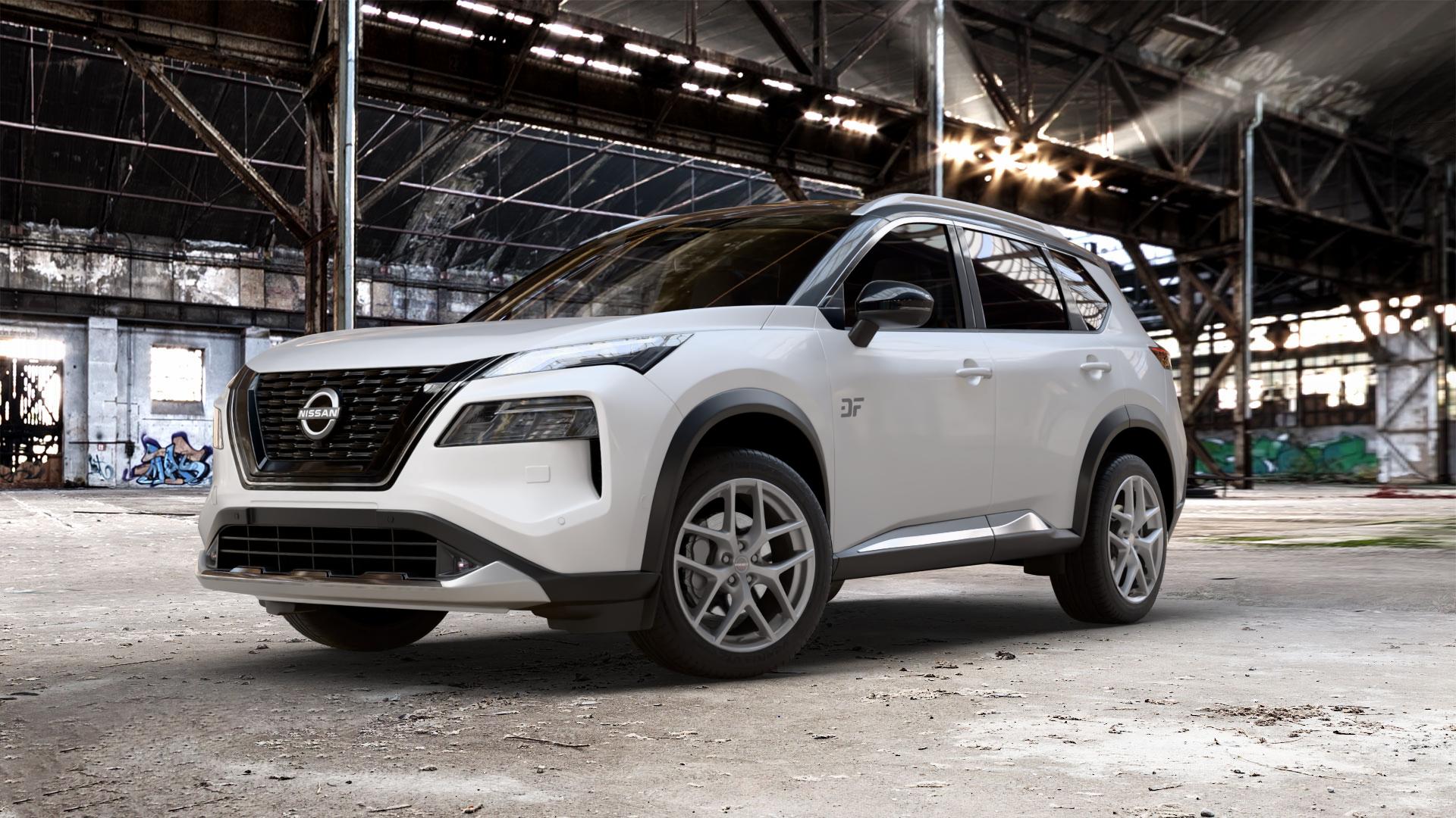 Borbet Y titan matt Felge mit Reifen grau in 19Zoll Winterfelge Alufelge auf weissem Nissan X-Trail Typ T33 ⬇️ mit 15mm Tieferlegung ⬇️ Old Industrial Hall_max_5300mm_2024 Frontansicht_1