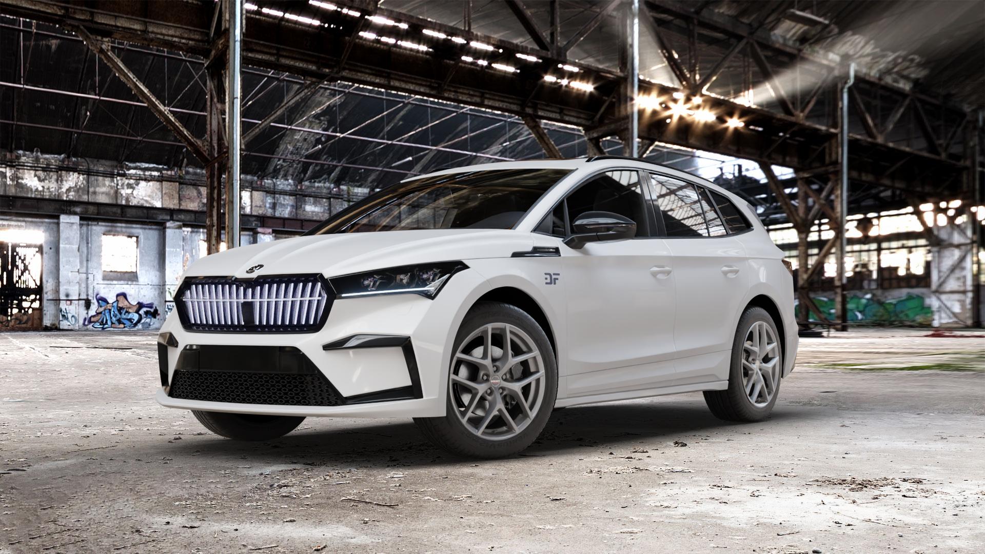 Borbet Y titan matt Felge mit Reifen grau in 19Zoll Winterfelge Alufelge auf weissem Skoda Enyaq iV Typ NY 0,0l 70kW 80 (95 PS) 50 77kW 80x (105 60 ⬇️ mit 15mm Tieferlegung ⬇️ Old Industrial Hall_max_5300mm_2024 Frontansicht_1
