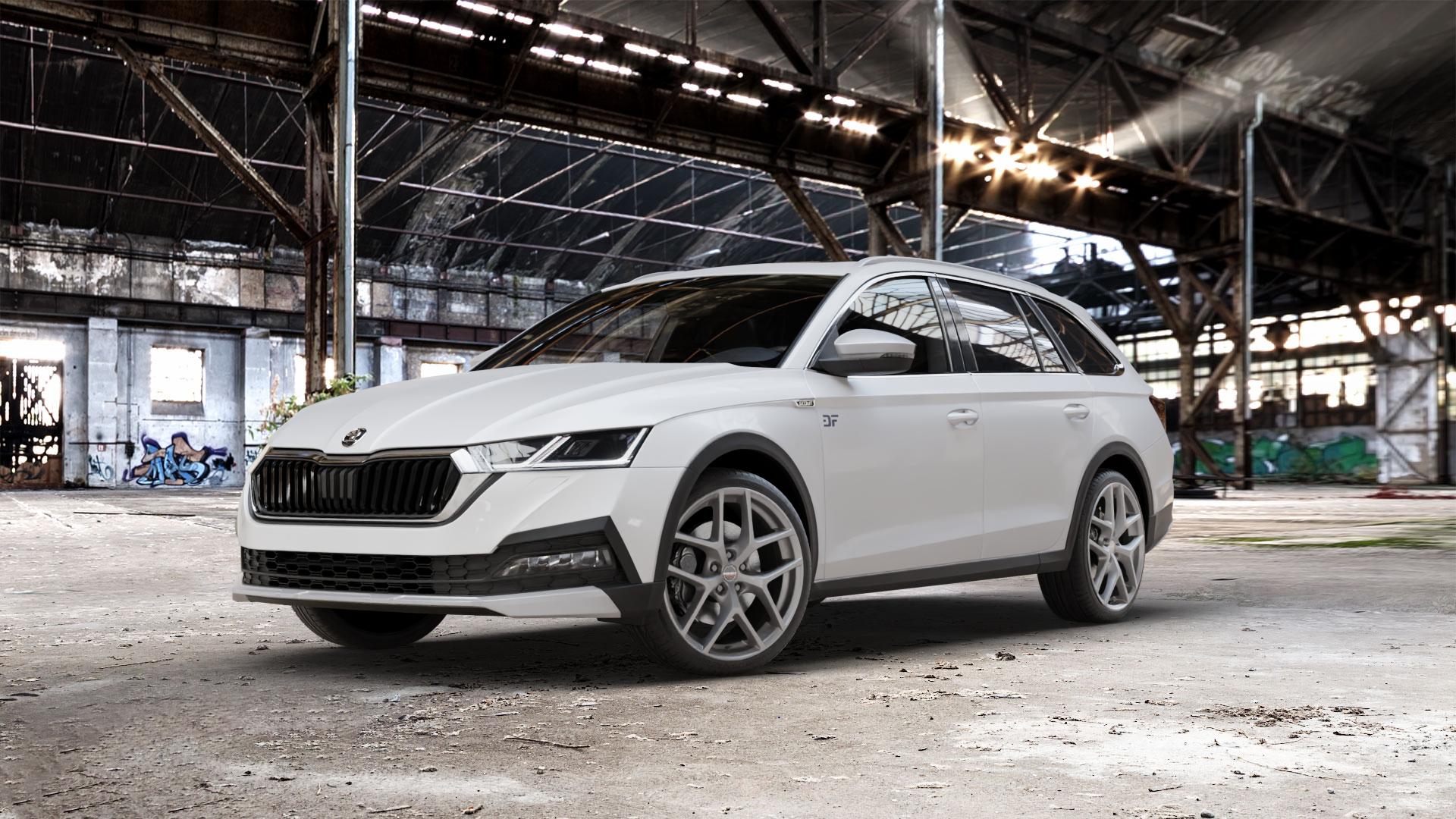 Borbet Y titan matt Felge mit Reifen grau in 19Zoll Winterfelge Alufelge auf weissem Skoda Octavia IV Scout Typ NX ⬇️ mit 15mm Tieferlegung ⬇️ Old Industrial Hall_max_5300mm_2024 Frontansicht_1