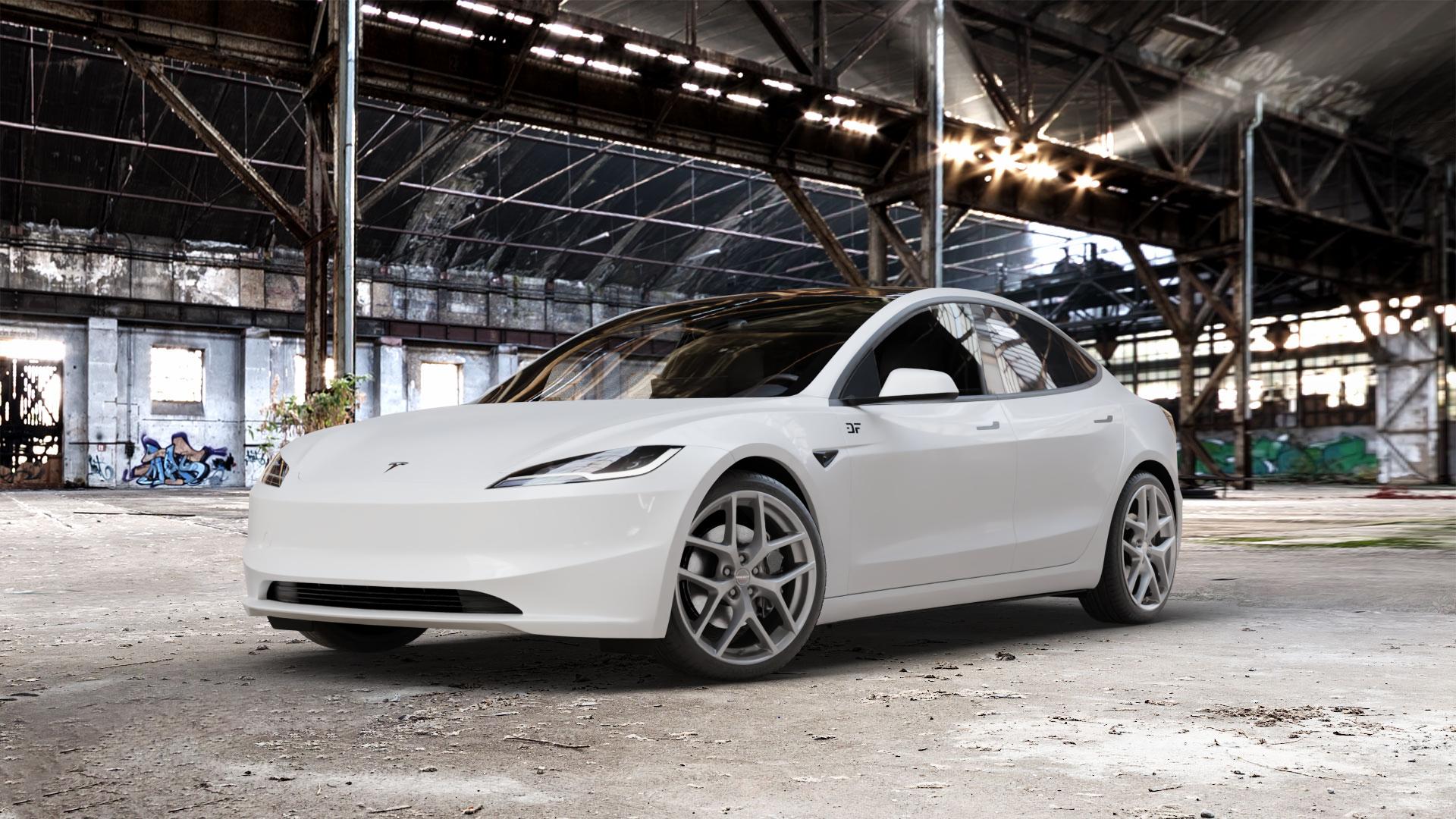Borbet Y titan matt Felge mit Reifen grau in 19Zoll Winterfelge Alufelge auf weissem Tesla Model 3 Typ 003 0,0l Long Range Dual Motor 153kW 4WD (208 PS) Performance 155kW (211 ⬇️ mit 15mm Tieferlegung ⬇️ Old Industrial Hall_max_5300mm_2024 Frontansicht_1