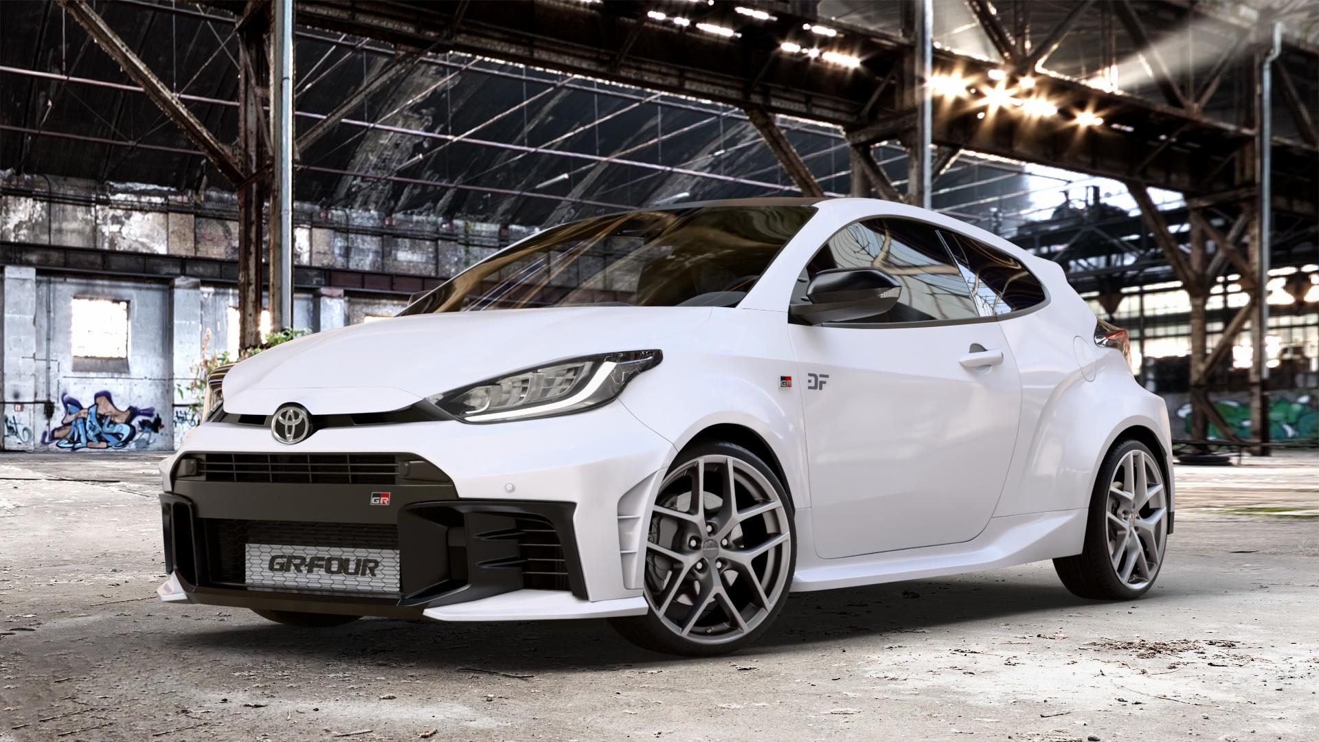 Borbet Y titan matt Felge mit Reifen grau in 19Zoll Winterfelge Alufelge auf weissem Toyota Yaris IV GR Typ XPA1G(EU,M) Facelift ⬇️ mit 15mm Tieferlegung ⬇️ Old Industrial Hall_max_4400mm_2024 Frontansicht_1