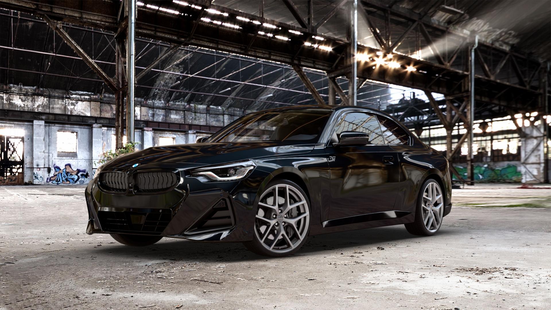 Borbet Y titan matt Felge mit Reifen grau in 20Zoll Winterfelge Alufelge auf metallic schwarzem BMW 2er G42 Coupé (G2C) ⬇️ mit 15mm Tieferlegung ⬇️ Old Industrial Hall_max_5300mm_2024 Frontansicht_1