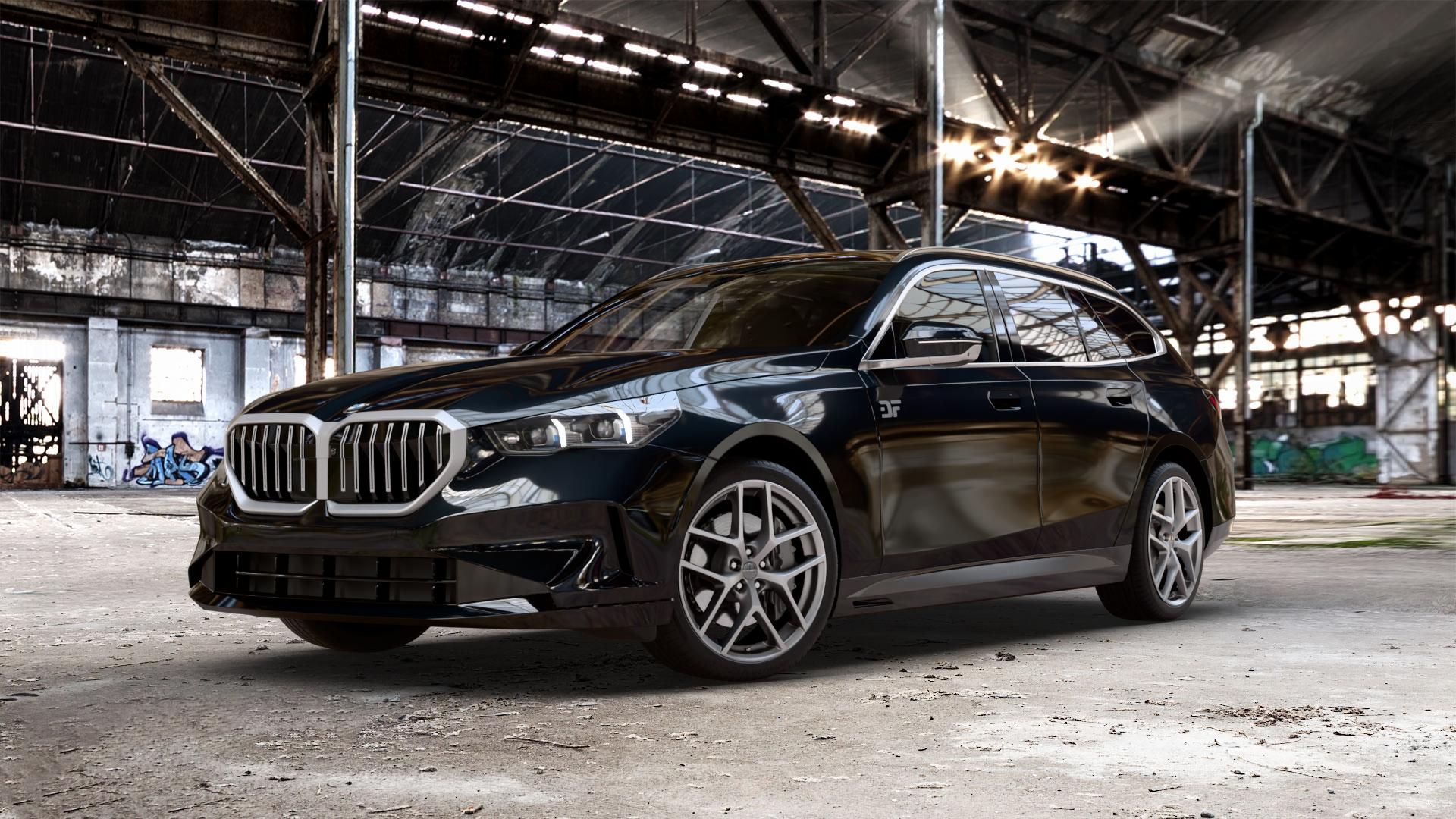 Borbet Y titan matt Felge mit Reifen grau in 20Zoll Winterfelge Alufelge auf schwarzem metallic BMW 520d Typ G61 (Touring) xDrive 5er Touring (G6K) ⬇️ mit 15mm Tieferlegung ⬇️ Old Industrial Hall_max_5300mm_2024 Frontansicht_1