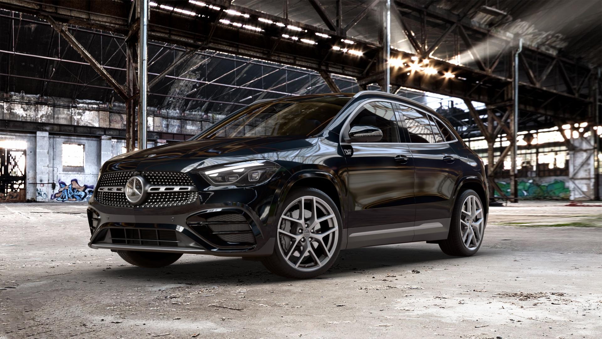 Borbet Y titan matt Felge mit Reifen grau in 20Zoll Winterfelge Alufelge auf schwarzem metallic Mercedes GLA-Klasse Typ F2B Facelift ⬇️ mit 15mm Tieferlegung ⬇️ Old Industrial Hall_max_5300mm_2024 Frontansicht_1
