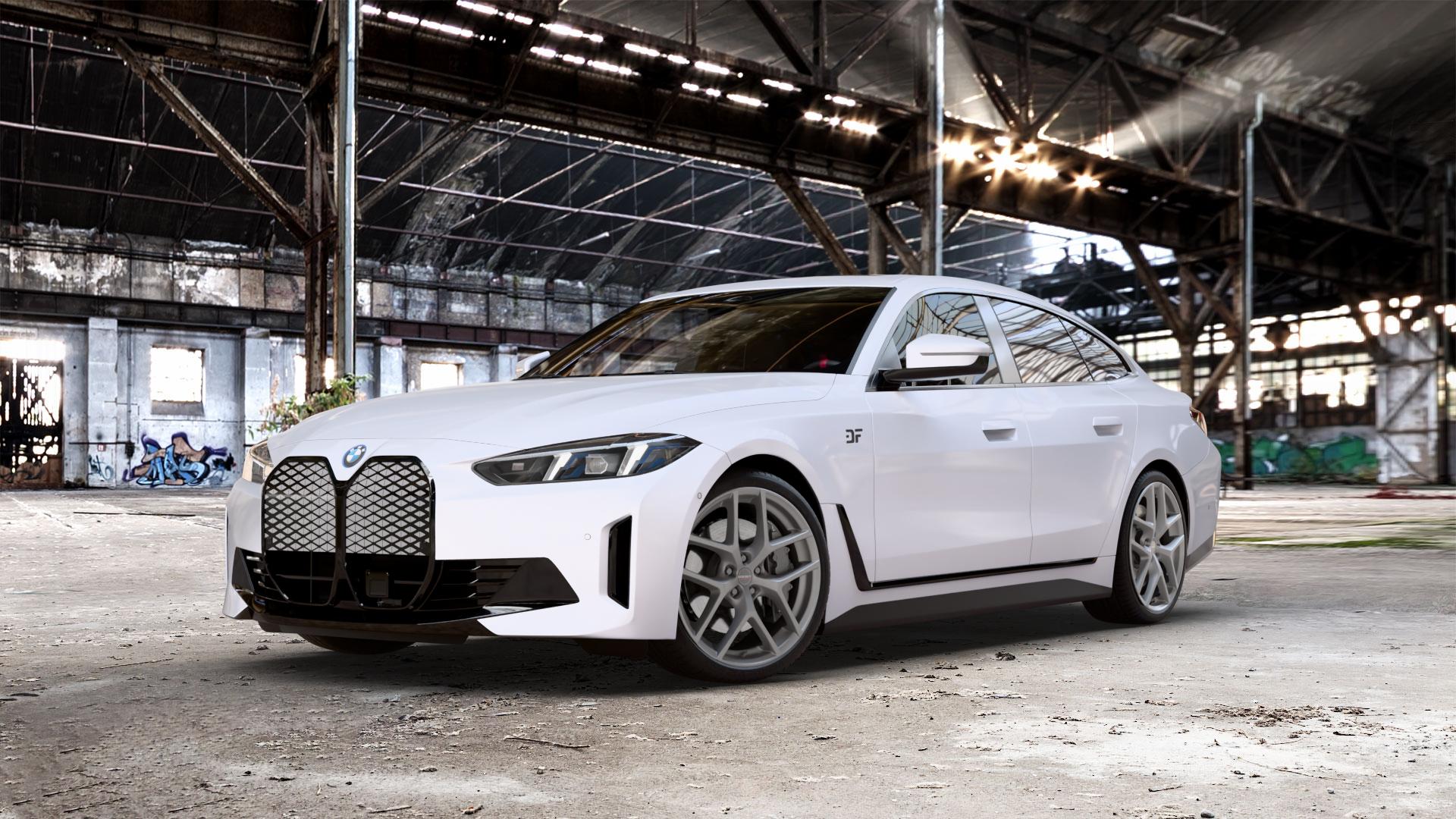 Borbet Y titan matt Felge mit Reifen grau in 20Zoll Winterfelge Alufelge auf unilack weißem BMW i4 Facelift (G4C) ⬇️ mit 15mm Tieferlegung ⬇️ Old Industrial Hall_max_5300mm_2024 Frontansicht_1