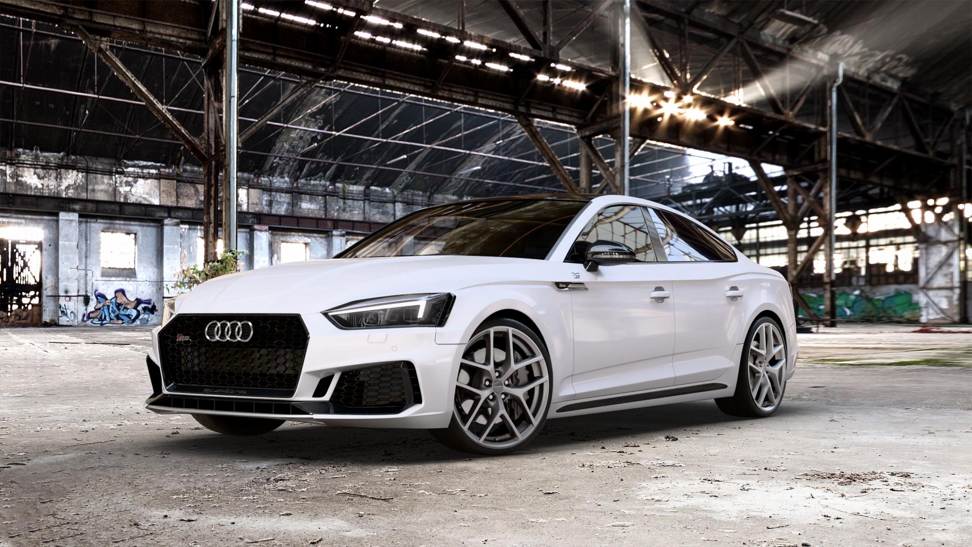 Borbet Y titan matt Felge mit Reifen grau in 20Zoll Winterfelge Alufelge auf weissem Audi A5 Typ B9 (Sportback) 3,0l S5 TFSI quattro 260kW (354 PS) 2,9l RS5 331kW (450 TDI 255kW Mild-Hybrid (347 ⬇️ mit 15mm Tieferlegung ⬇️ Old Industrial Hall_max_5300mm_2024 Frontansicht_1