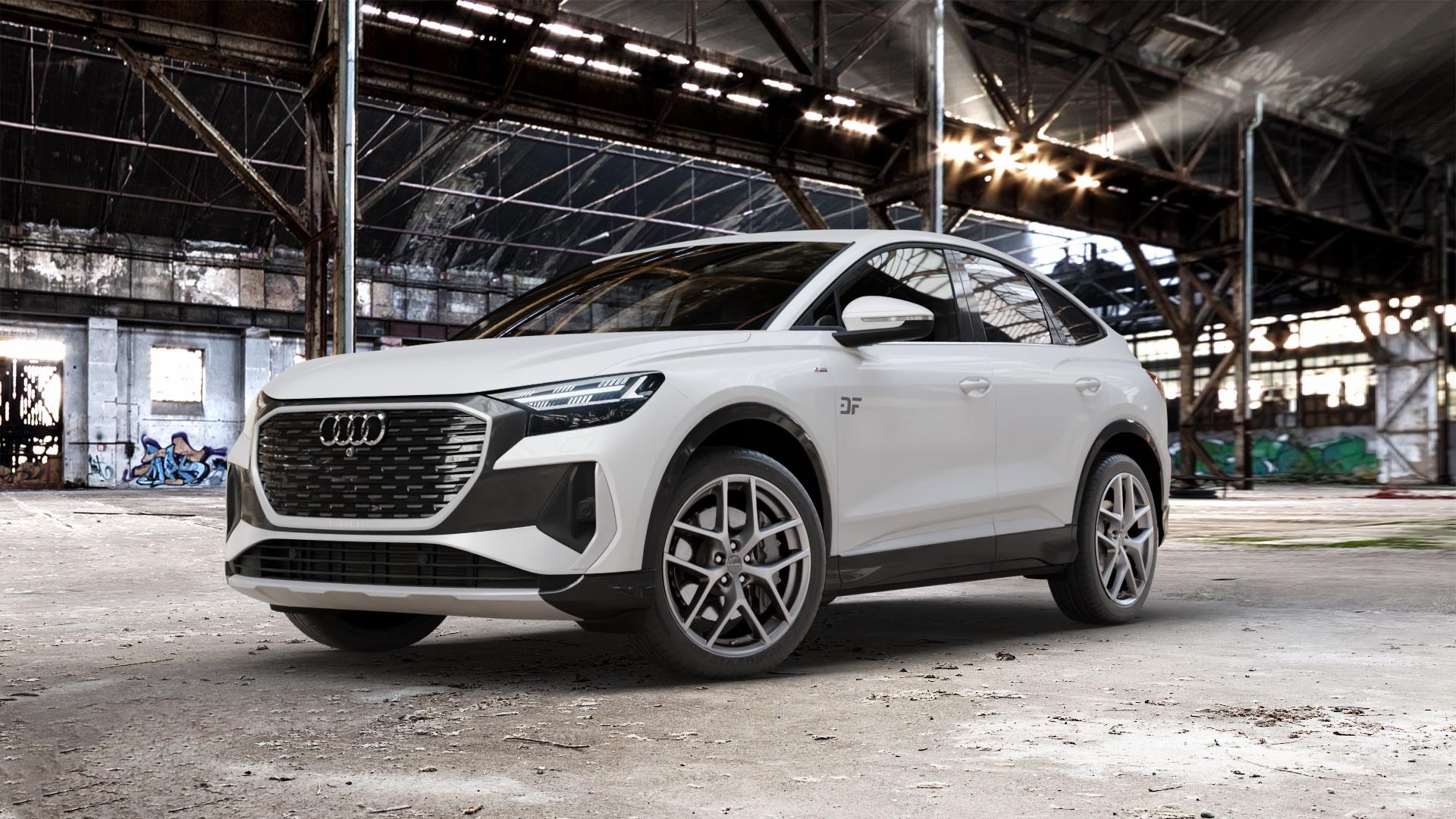Borbet Y titan matt Felge mit Reifen grau in 20Zoll Winterfelge Alufelge auf weissem Audi Q4 Sportback Typ FZ ⬇️ mit 15mm Tieferlegung ⬇️ Old Industrial Hall_max_5300mm_2024 Frontansicht_1