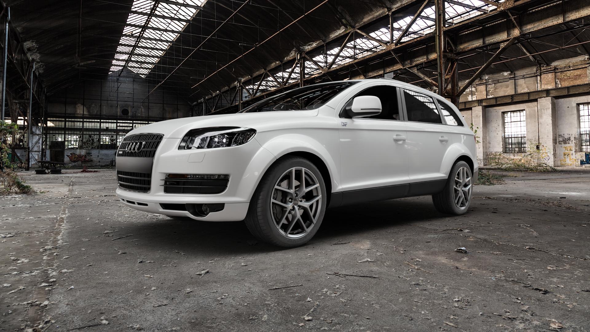 Borbet Y titan matt Felge mit Reifen grau in 20Zoll Winterfelge Alufelge auf weissem Audi Q7 I Typ 4L ⬇️ mit 15mm Tieferlegung ⬇️ Old Industrial Hall_max5000mm_2022 Frontansicht_1