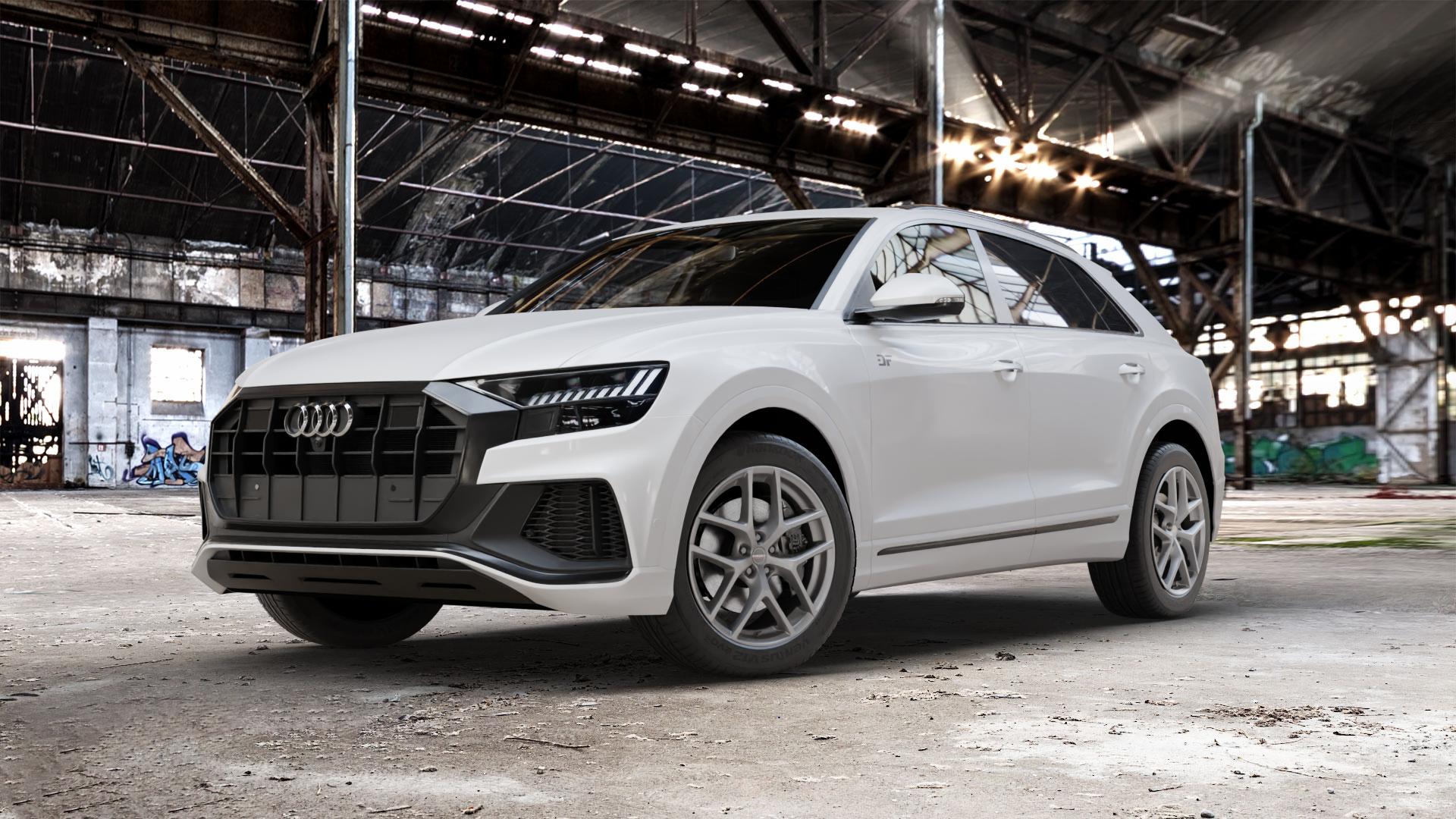 Borbet Y titan matt Felge mit Reifen grau in 20Zoll Winterfelge Alufelge auf weissem Audi Q8 Typ 4M (4L) ⬇️ mit 15mm Tieferlegung ⬇️ Old Industrial Hall_max_5300mm_2024 Frontansicht_1