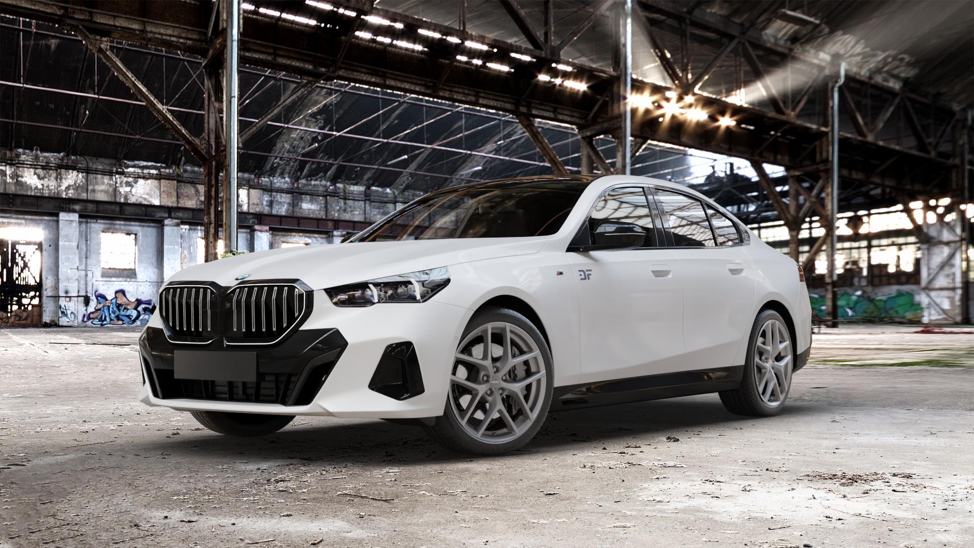 Borbet Y titan matt Felge mit Reifen grau in 20Zoll Winterfelge Alufelge auf weissem BMW 550e xDrive Typ G60 (Limousine) ⬇️ mit 15mm Tieferlegung ⬇️ Old Industrial Hall_max_5300mm_2024 Frontansicht_1