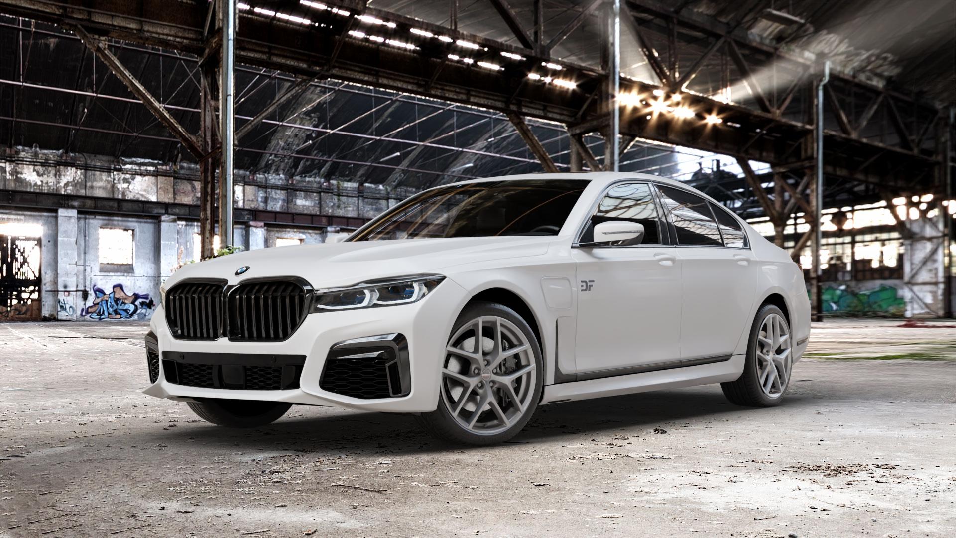 Borbet Y titan matt Felge mit Reifen grau in 20Zoll Winterfelge Alufelge auf weissem BMW 730i Typ G11 Facelift 740i 745e 750i xDrive 7er Limousine (7L) ⬇️ mit 15mm Tieferlegung ⬇️ Old Industrial Hall_max_5300mm_2024 Frontansicht_1