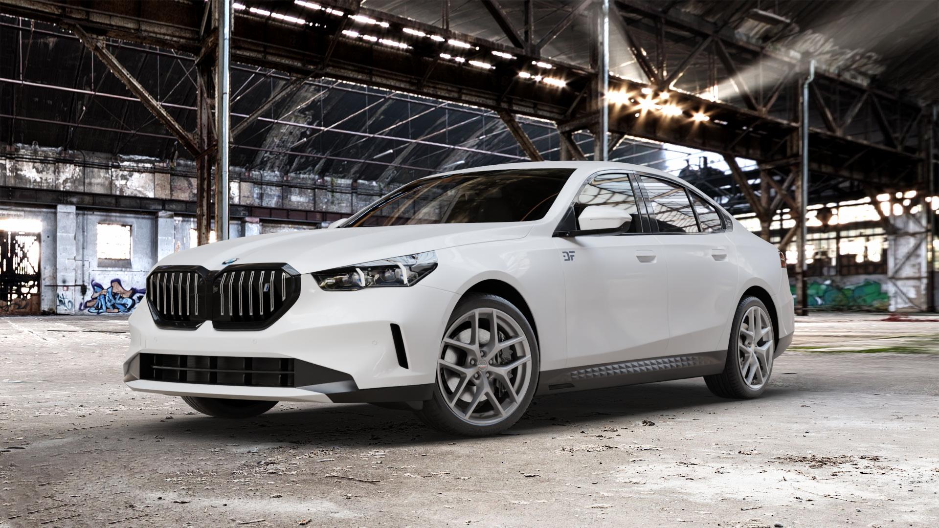 Borbet Y titan matt Felge mit Reifen grau in 20Zoll Winterfelge Alufelge auf weissem BMW i5 (G6E) 0,0l eDrive40 105kW (143 PS) ⬇️ mit 15mm Tieferlegung ⬇️ Old Industrial Hall_max_5300mm_2024 Frontansicht_1