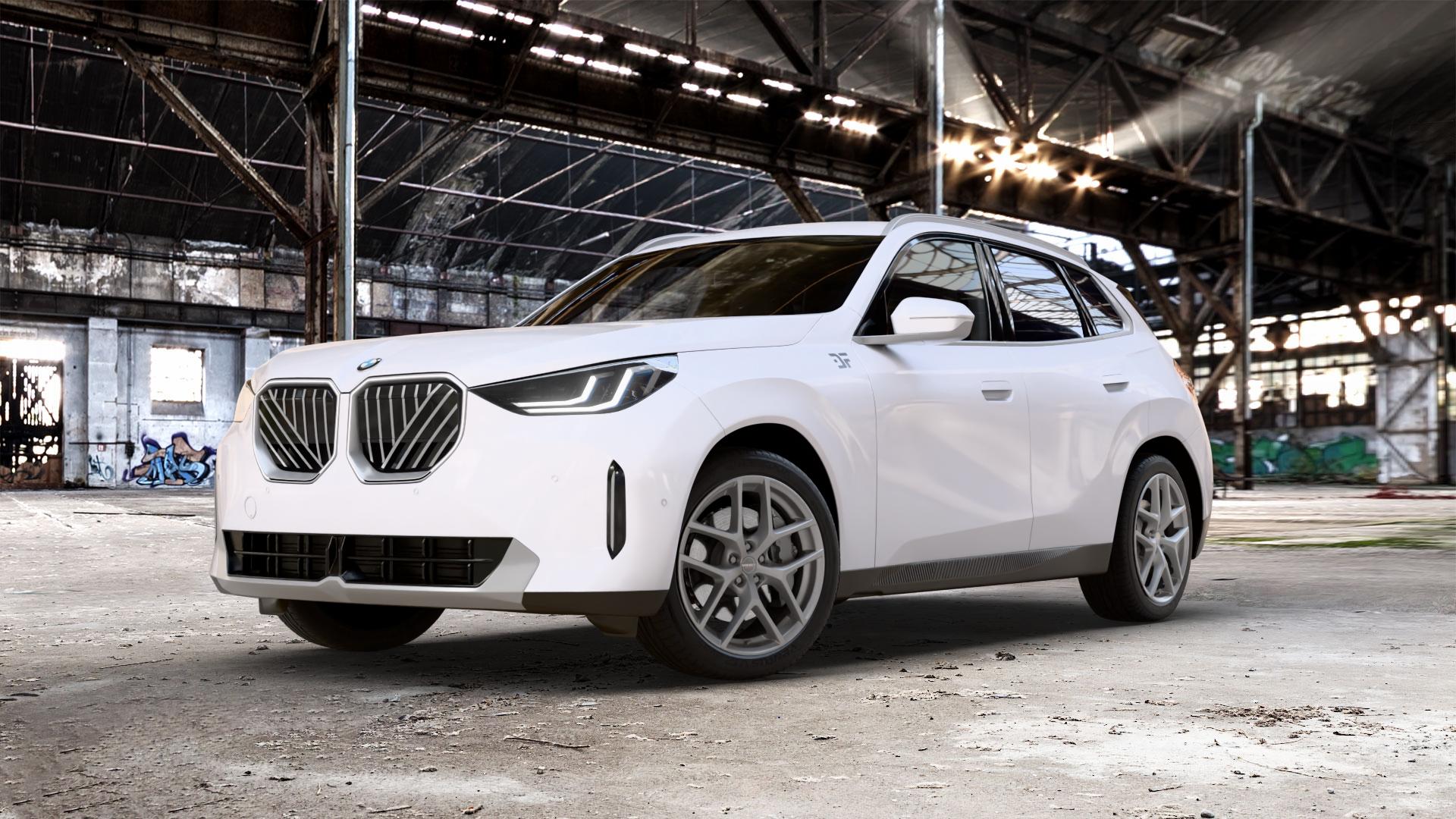 Borbet Y titan matt Felge mit Reifen grau in 20Zoll Winterfelge Alufelge auf weissem BMW X3 Typ G45 (G3XN) ⬇️ mit 15mm Tieferlegung ⬇️ Old Industrial Hall_max_5300mm_2024 Frontansicht_1