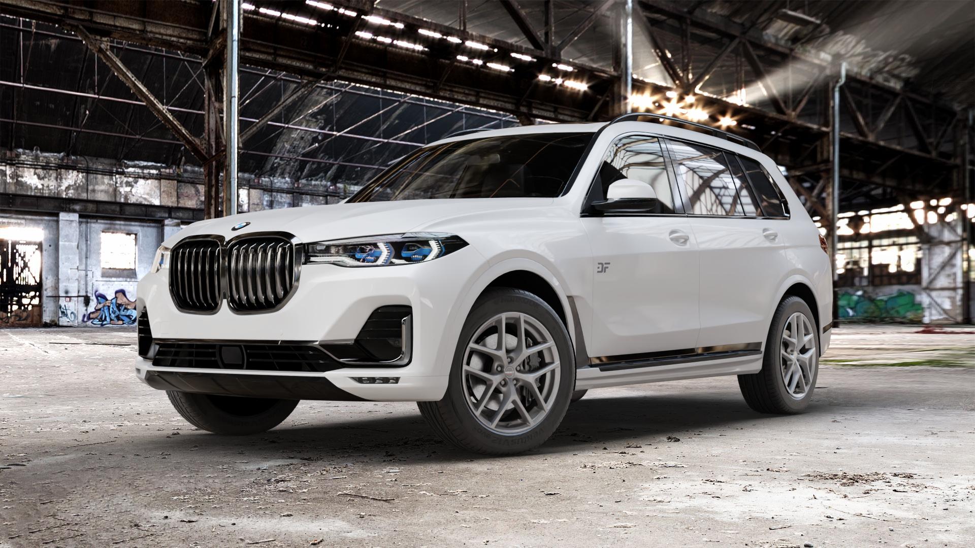 Borbet Y titan matt Felge mit Reifen grau in 20Zoll Winterfelge Alufelge auf weissem BMW X7 Typ G07 (G7X) ⬇️ mit 15mm Tieferlegung ⬇️ Old Industrial Hall_max_5300mm_2024 Frontansicht_1