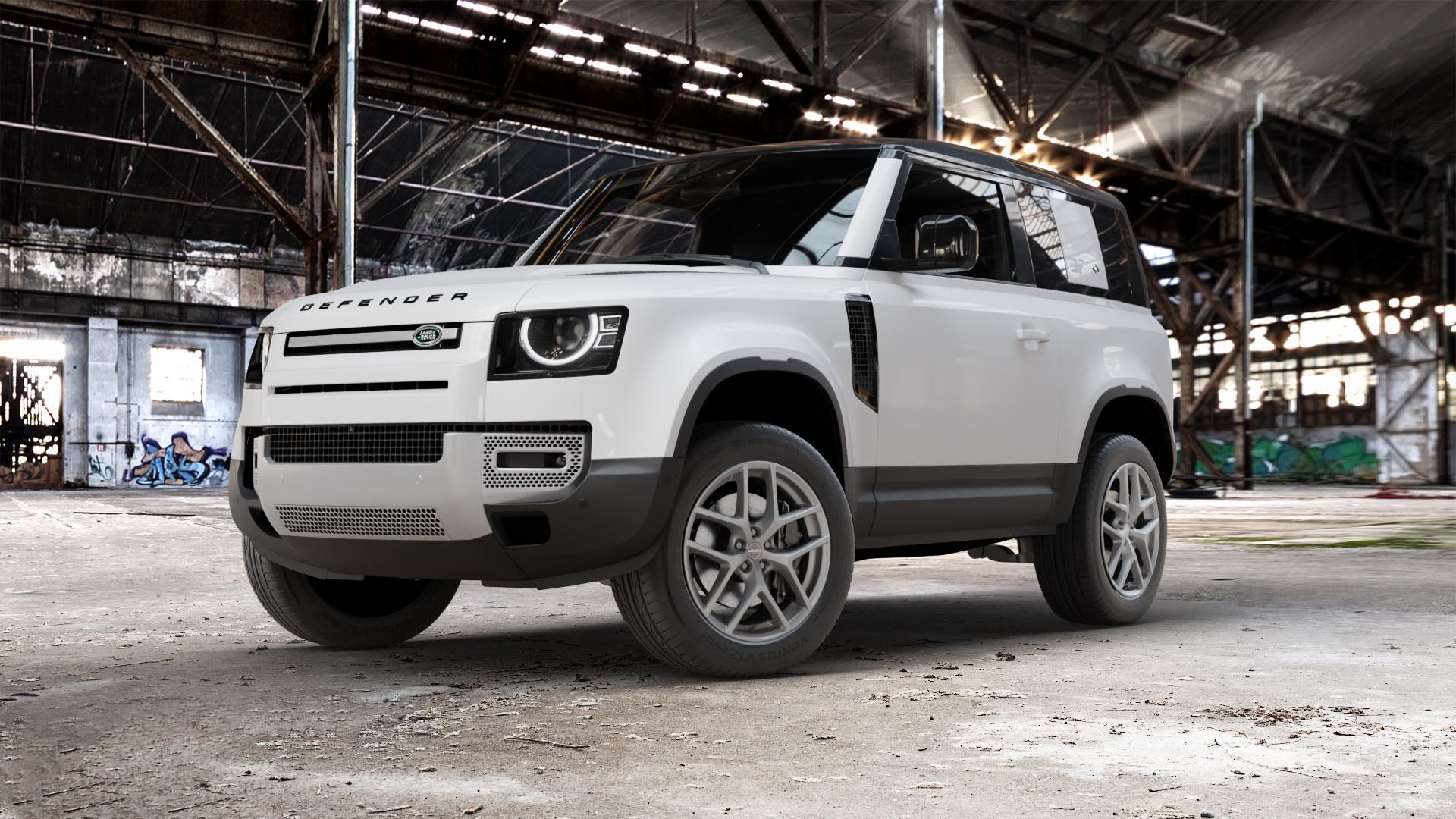 Borbet Y titan matt Felge mit Reifen grau in 20Zoll Winterfelge Alufelge auf weissem Land Rover Defender 90 Typ LE ⬇️ mit 15mm Tieferlegung ⬇️ Old Industrial Hall_max_5300mm_2024 Frontansicht_1