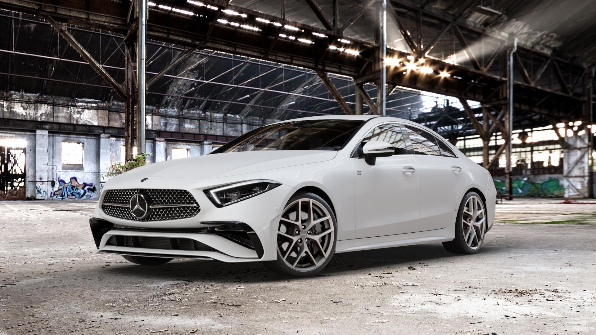 Borbet Y titan matt Felge mit Reifen grau in 20Zoll Winterfelge Alufelge auf weissem Mercedes CLS Typ C257 Facelift ⬇️ mit 15mm Tieferlegung ⬇️ Old Industrial Hall_max_5300mm_2024 Frontansicht_1