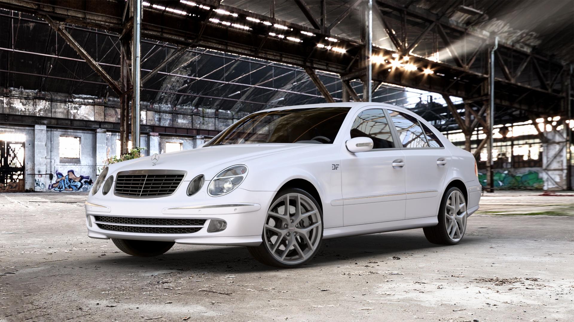 Borbet Y titan matt Felge mit Reifen grau in 20Zoll Winterfelge Alufelge auf weissem Mercedes E-Klasse Typ W211 Limousine ⬇️ mit 15mm Tieferlegung ⬇️ Old Industrial Hall_max_5300mm_2024 Frontansicht_1