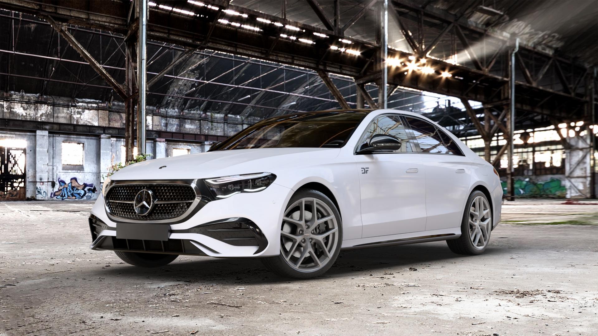 Borbet Y titan matt Felge mit Reifen grau in 20Zoll Winterfelge Alufelge auf weissem Mercedes E-Klasse Typ W214 Limousine (R2EW) ⬇️ mit 15mm Tieferlegung ⬇️ Old Industrial Hall_max_5300mm_2024 Frontansicht_1