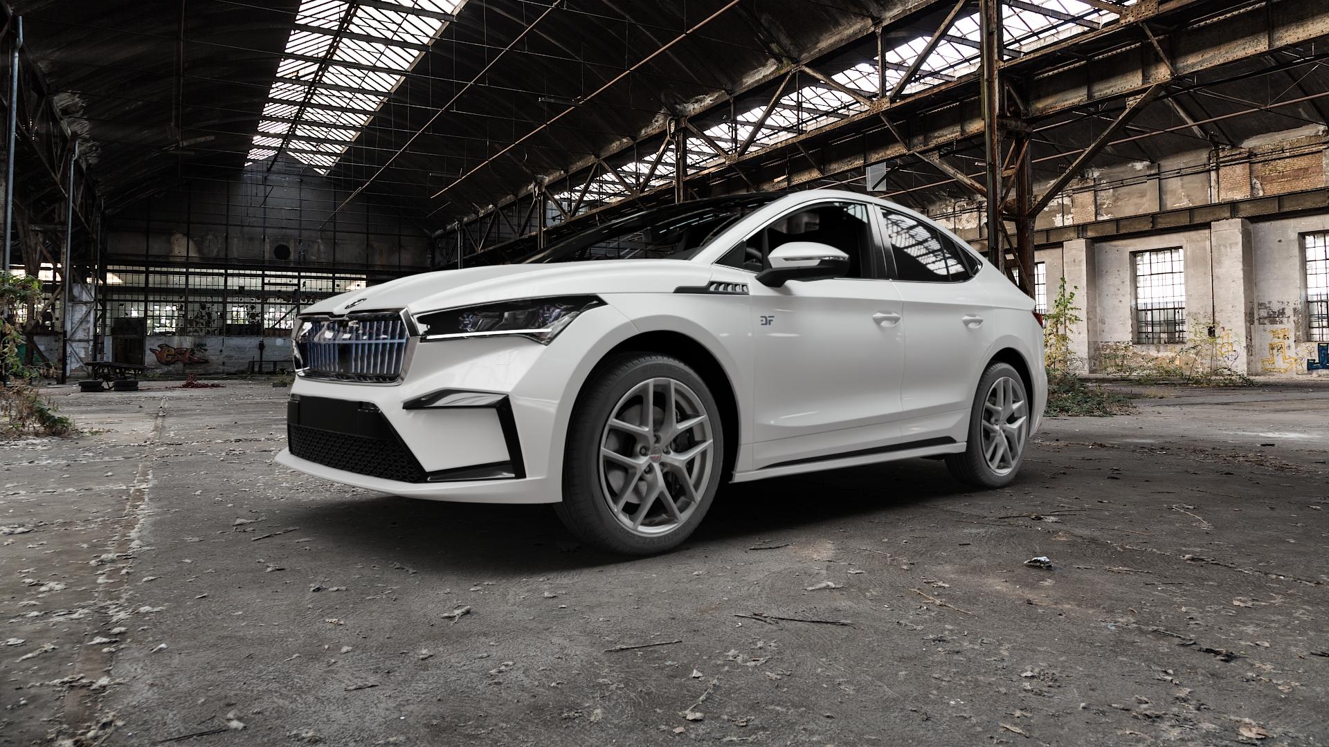 Borbet Y titan matt Felge mit Reifen grau in 20Zoll Winterfelge Alufelge auf weissem Skoda Enyaq Coupe iV Typ NY 0,0l 70kW 80 Coupé (95 PS) 77kW 80x (105 ⬇️ mit 15mm Tieferlegung ⬇️ Old Industrial Hall_max5000mm_2022 Frontansicht_1