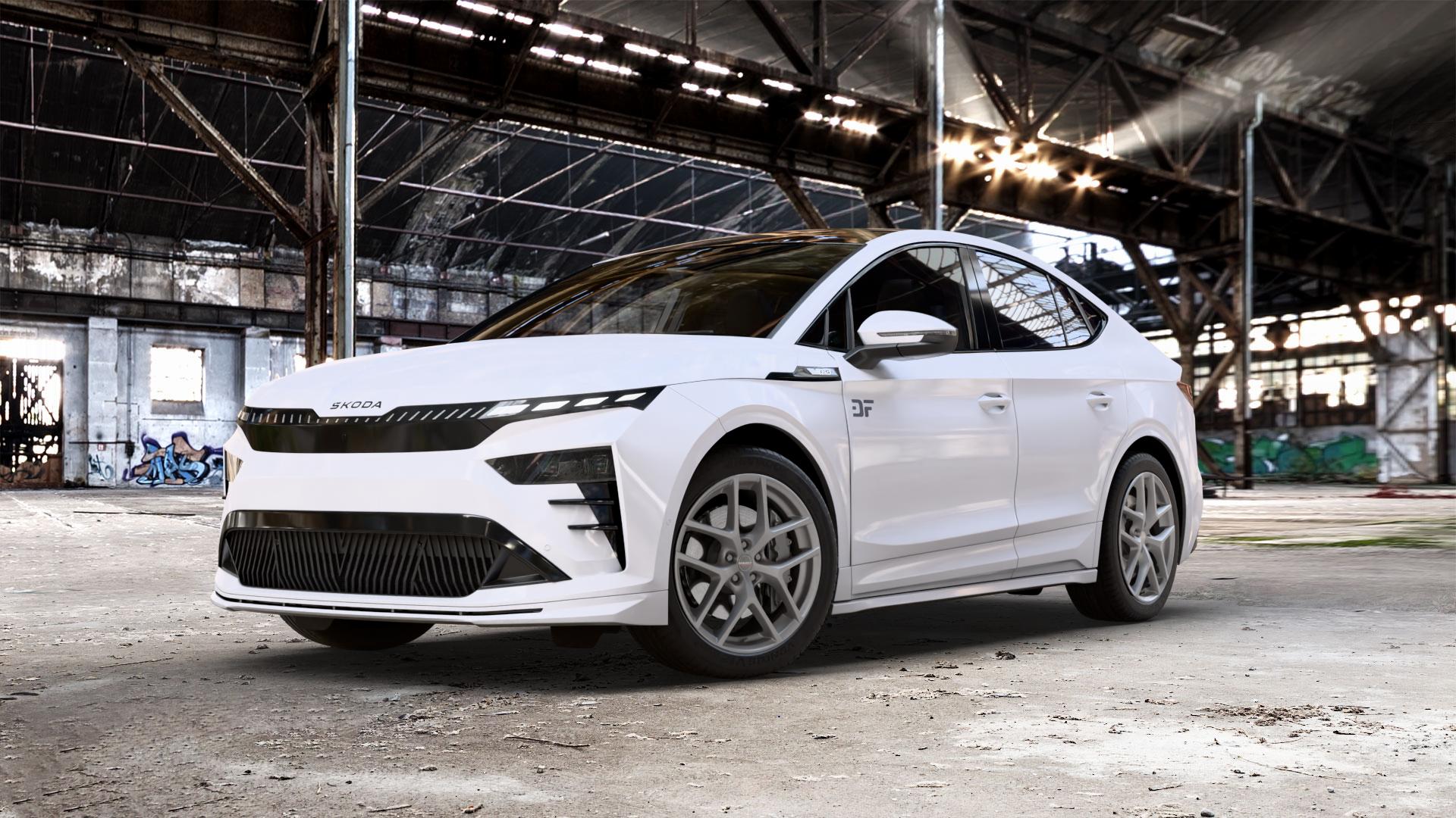 Borbet Y titan matt Felge mit Reifen grau in 20Zoll Winterfelge Alufelge auf weissem Skoda Enyaq Coupe iV Typ NY Facelift 0,0l 77kW RS Coupé (105 PS) ⬇️ mit 15mm Tieferlegung ⬇️ Old Industrial Hall_max_5300mm_2024 Frontansicht_1