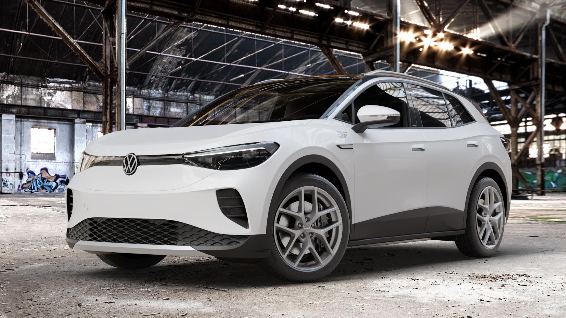 Borbet Y titan matt Felge mit Reifen grau in 20Zoll Winterfelge Alufelge auf weissem Volkswagen (VW) ID.4 0,0l 70kW PRO (150kW) (95 PS) Pure (109kW) (125kW) (128kW) 77kW 4Motion (195kW) (105 ⬇️ mit 15mm Tieferlegung ⬇️ Old Industrial Hall_max_4400mm_2024 Frontansicht_1