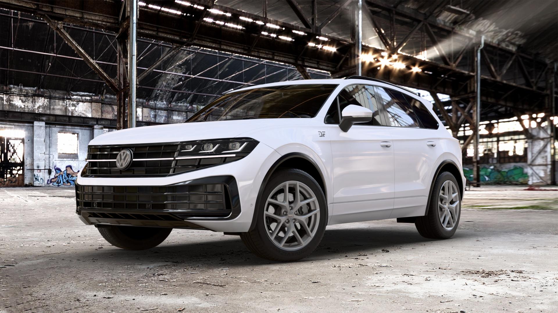Borbet Y titan matt Felge mit Reifen grau in 20Zoll Winterfelge Alufelge auf weissem Volkswagen (VW) Touareg III Typ CR Facelift ⬇️ mit 15mm Tieferlegung ⬇️ Old Industrial Hall_max_5300mm_2024 Frontansicht_1