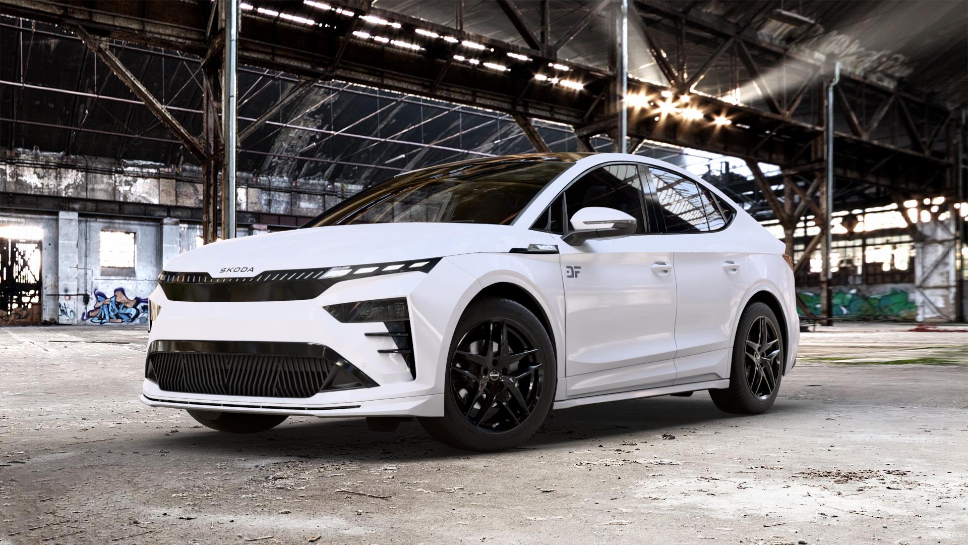 Borbet Z black glossy Felge mit Reifen schwarz in 19Zoll Winterfelge Alufelge auf weissem Skoda Enyaq Coupe iV Typ NY Facelift 0,0l 77kW RS Coupé (105 PS) ⬇️ mit 15mm Tieferlegung ⬇️ Old Industrial Hall_max_5300mm_2024 Frontansicht_1