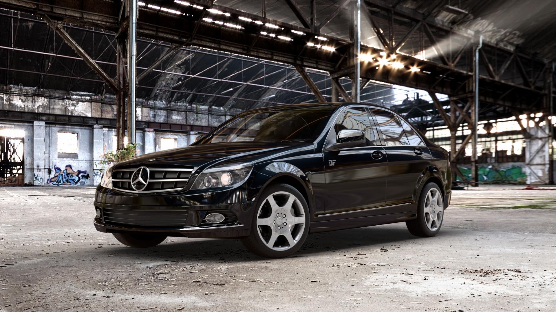 Brabus Monoblock A Silber lackiert Felge mit Reifen in 17Zoll Winterfelge Alufelge auf schwarzem metallic Mercedes C-Klasse Typ W204 Limousine ⬇️ mit 15mm Tieferlegung ⬇️ Old Industrial Hall_max_5300mm_2024 Frontansicht_1
