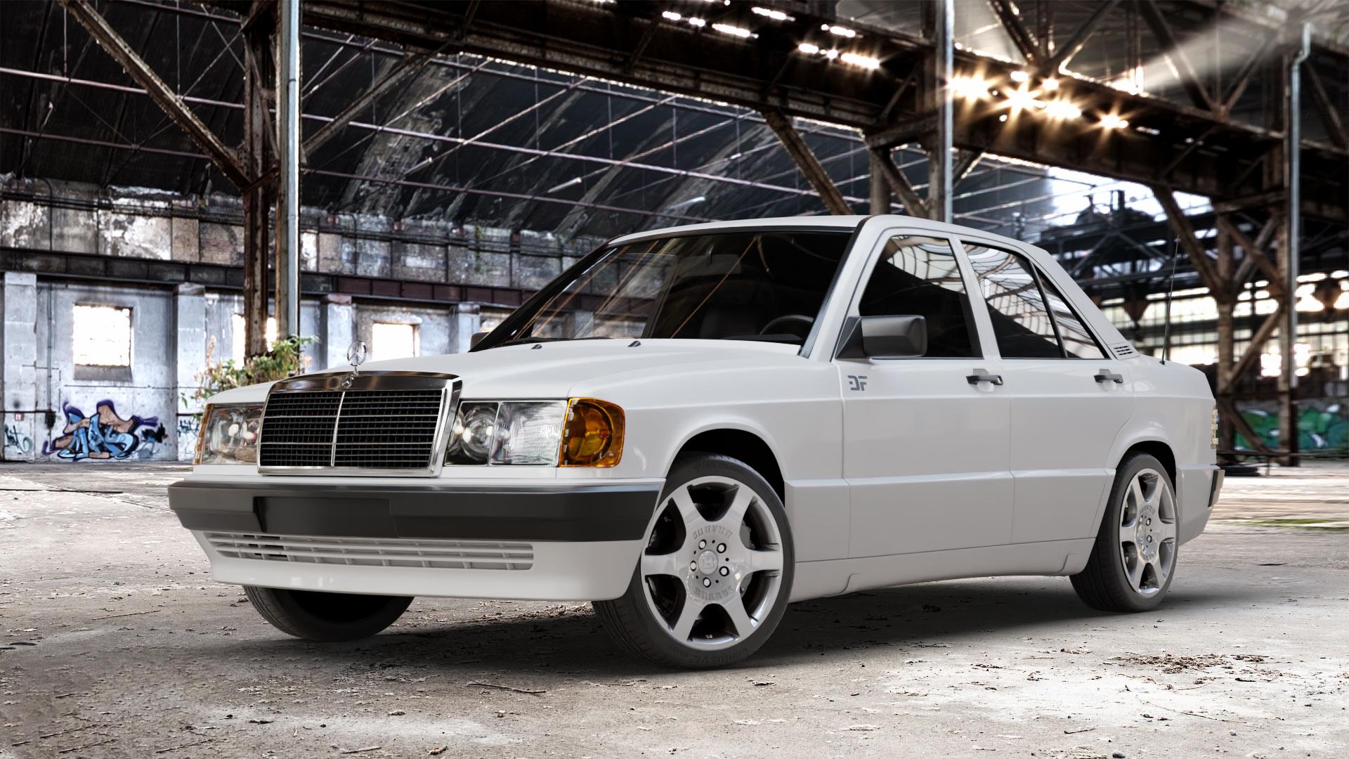 Brabus Monoblock A Silber lackiert Felge mit Reifen in 17Zoll Winterfelge Alufelge auf weissem Mercedes 190 Typ W201 190er ⬇️ mit 15mm Tieferlegung ⬇️ Old Industrial Hall_max_4400mm_2024 Frontansicht_1