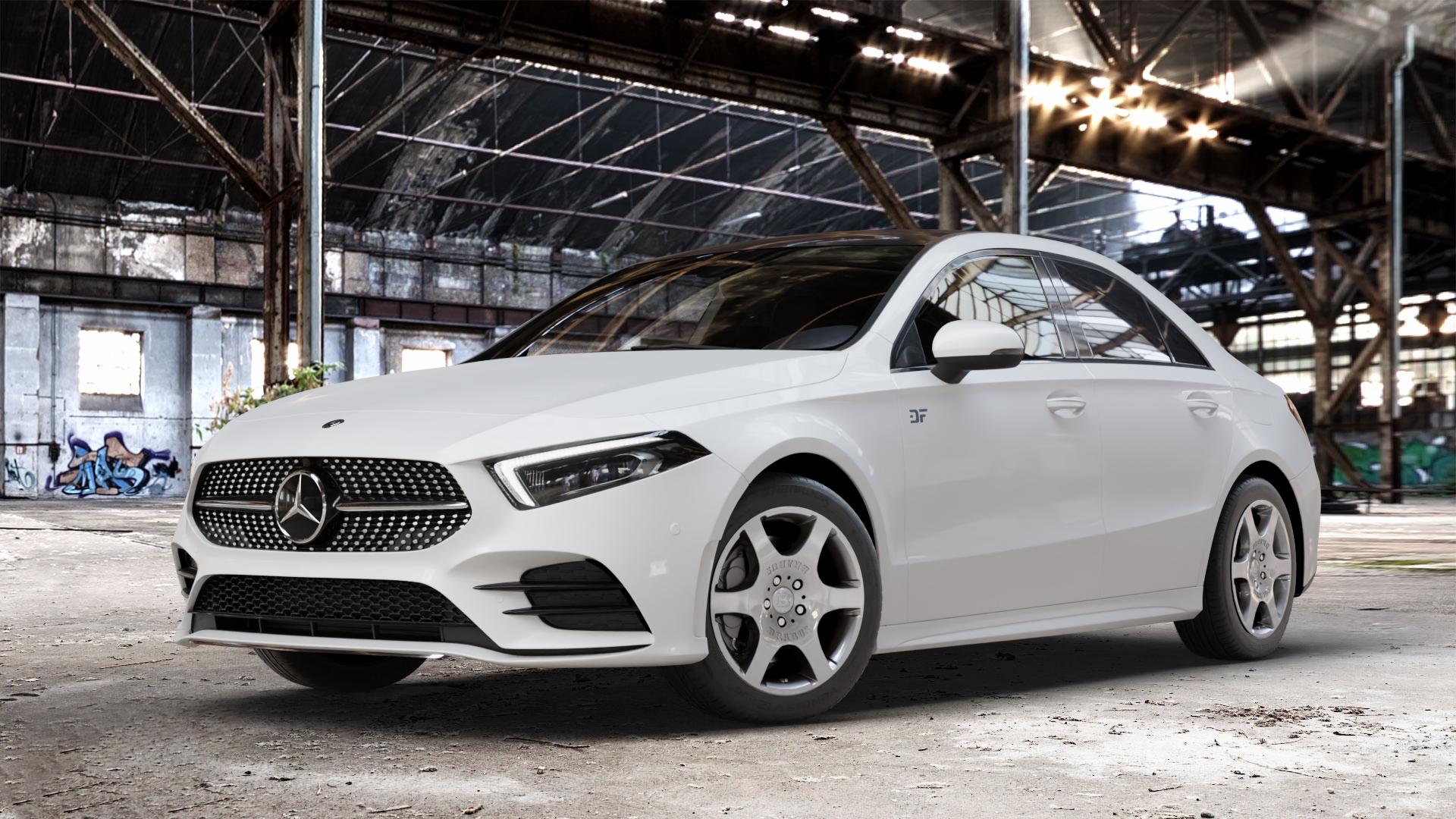 Brabus Monoblock A Silber lackiert Felge mit Reifen in 17Zoll Winterfelge Alufelge auf weissem Mercedes A-Klasse IV Typ 177 (F2A) Limousine Facelift ⬇️ mit 15mm Tieferlegung ⬇️ Old Industrial Hall_max_4400mm_2024 Frontansicht_1