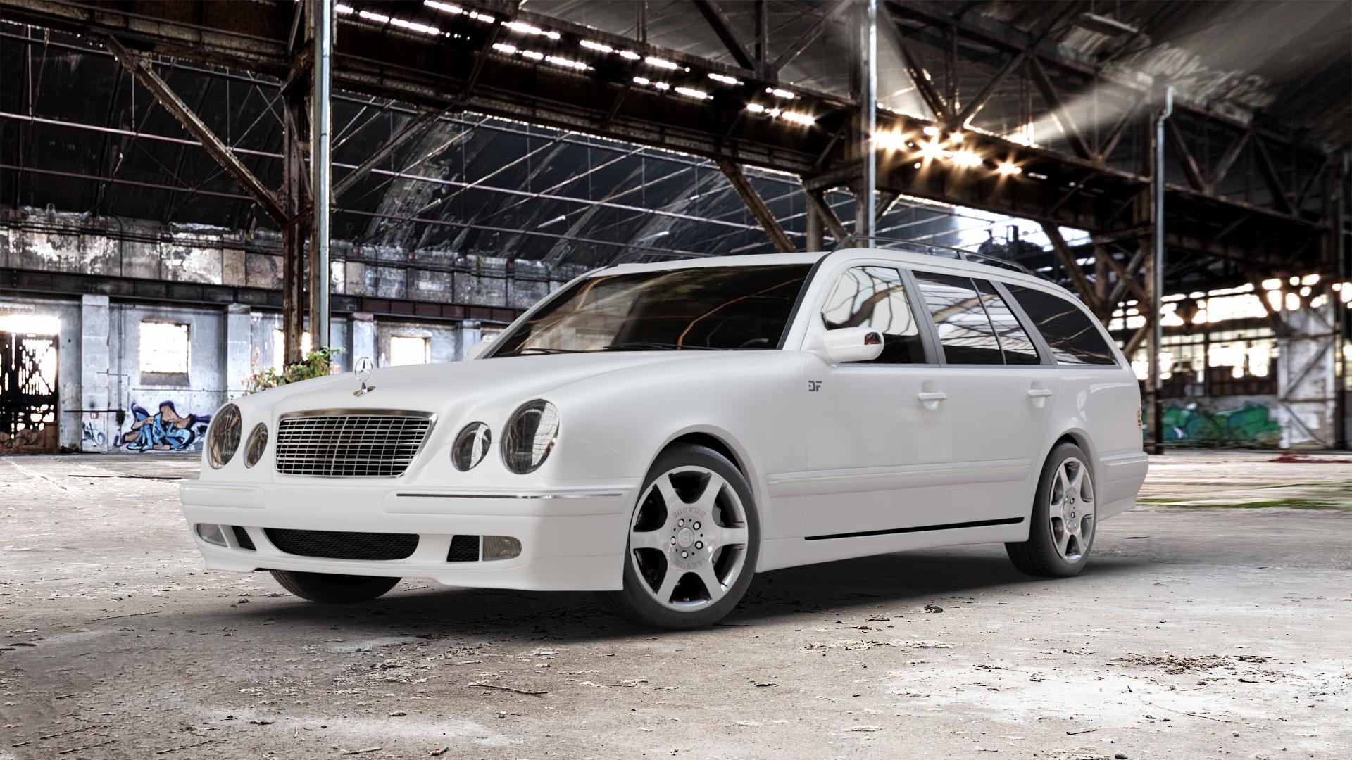 Brabus Monoblock A Silber lackiert Felge mit Reifen in 17Zoll Winterfelge Alufelge auf weissem Mercedes E-Klasse Typ S210 Kombi ⬇️ mit 15mm Tieferlegung ⬇️ Old Industrial Hall_max_5300mm_2024 Frontansicht_1