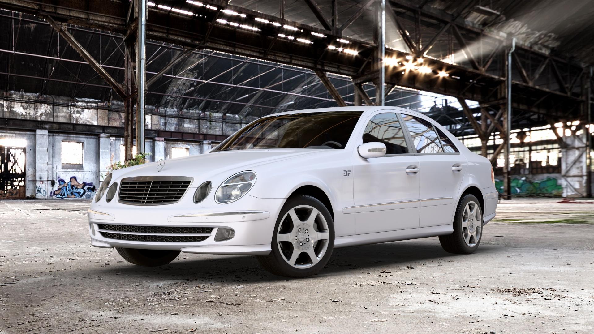 Brabus Monoblock A Silber lackiert Felge mit Reifen in 17Zoll Winterfelge Alufelge auf weissem Mercedes E-Klasse Typ W211 Limousine ⬇️ mit 15mm Tieferlegung ⬇️ Old Industrial Hall_max_5300mm_2024 Frontansicht_1