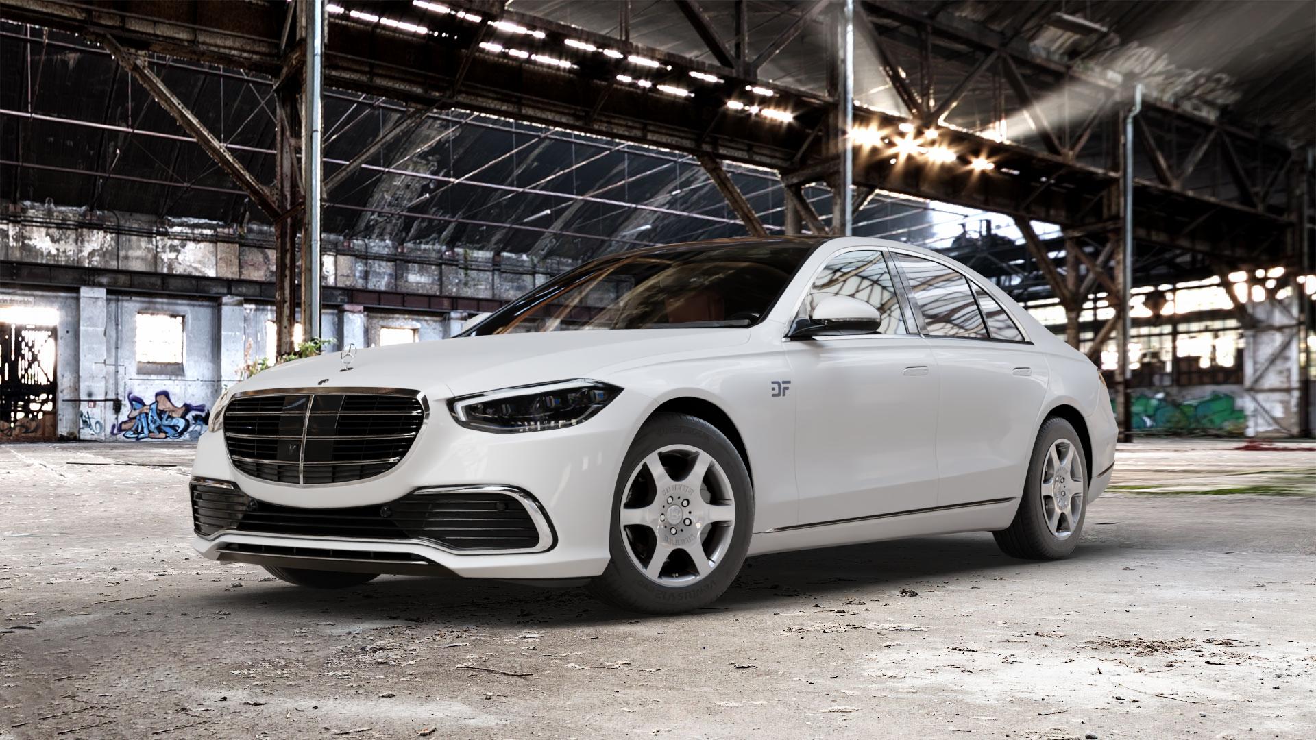 Brabus Monoblock A Silber lackiert Felge mit Reifen in 17Zoll Winterfelge Alufelge auf weissem Mercedes S-Klasse Typ W223 (R2S) ⬇️ mit 15mm Tieferlegung ⬇️ Old Industrial Hall_max_5300mm_2024 Frontansicht_1
