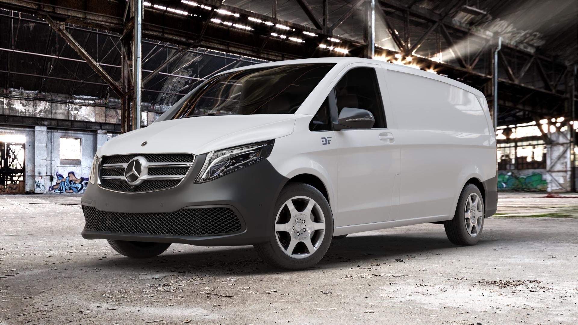 Brabus Monoblock A Silber lackiert Felge mit Reifen in 17Zoll Winterfelge Alufelge auf weissem Mercedes Vito Kasten Typ W447 Facelift ⬇️ mit 15mm Tieferlegung ⬇️ Old Industrial Hall_max_5300mm_2024 Frontansicht_1