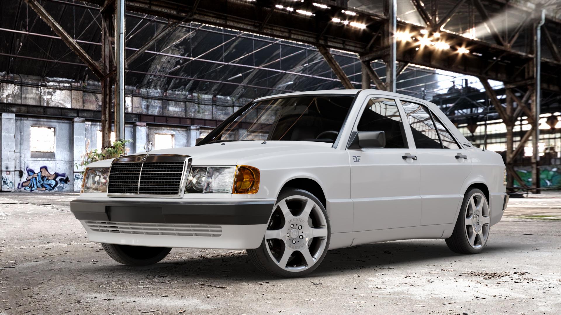 Brabus Monoblock A Silber lackiert Felge mit Reifen in 18Zoll Winterfelge Alufelge auf weissem Mercedes 190 Typ W201 190er ⬇️ mit 15mm Tieferlegung ⬇️ Old Industrial Hall_max_4400mm_2024 Frontansicht_1