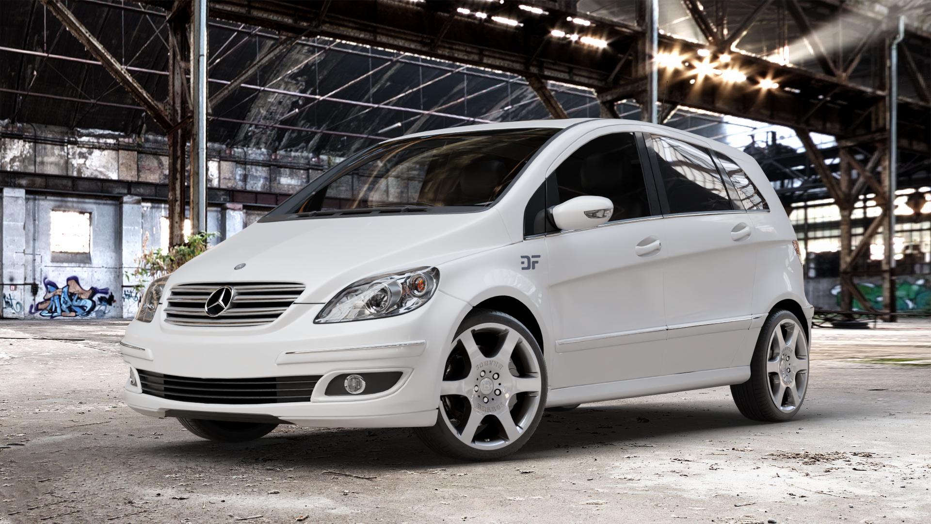 Brabus Monoblock A Silber lackiert Felge mit Reifen in 18Zoll Winterfelge Alufelge auf weissem Mercedes B-Klasse Typ T245 ⬇️ mit 15mm Tieferlegung ⬇️ Old Industrial Hall_max_4400mm_2024 Frontansicht_1