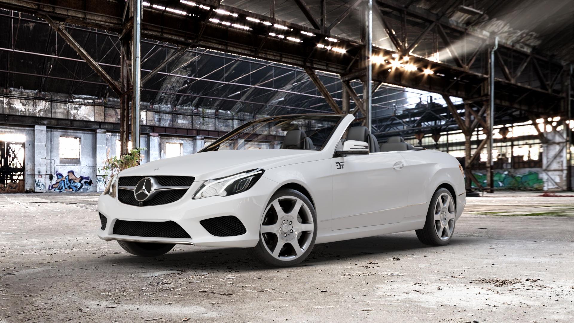 Brabus Monoblock A Silber lackiert Felge mit Reifen in 18Zoll Winterfelge Alufelge auf weissem Mercedes E-Klasse Typ A207 Cabriolet Facelift Cabrio ⬇️ mit 15mm Tieferlegung ⬇️ Old Industrial Hall_max_5300mm_2024 Frontansicht_1