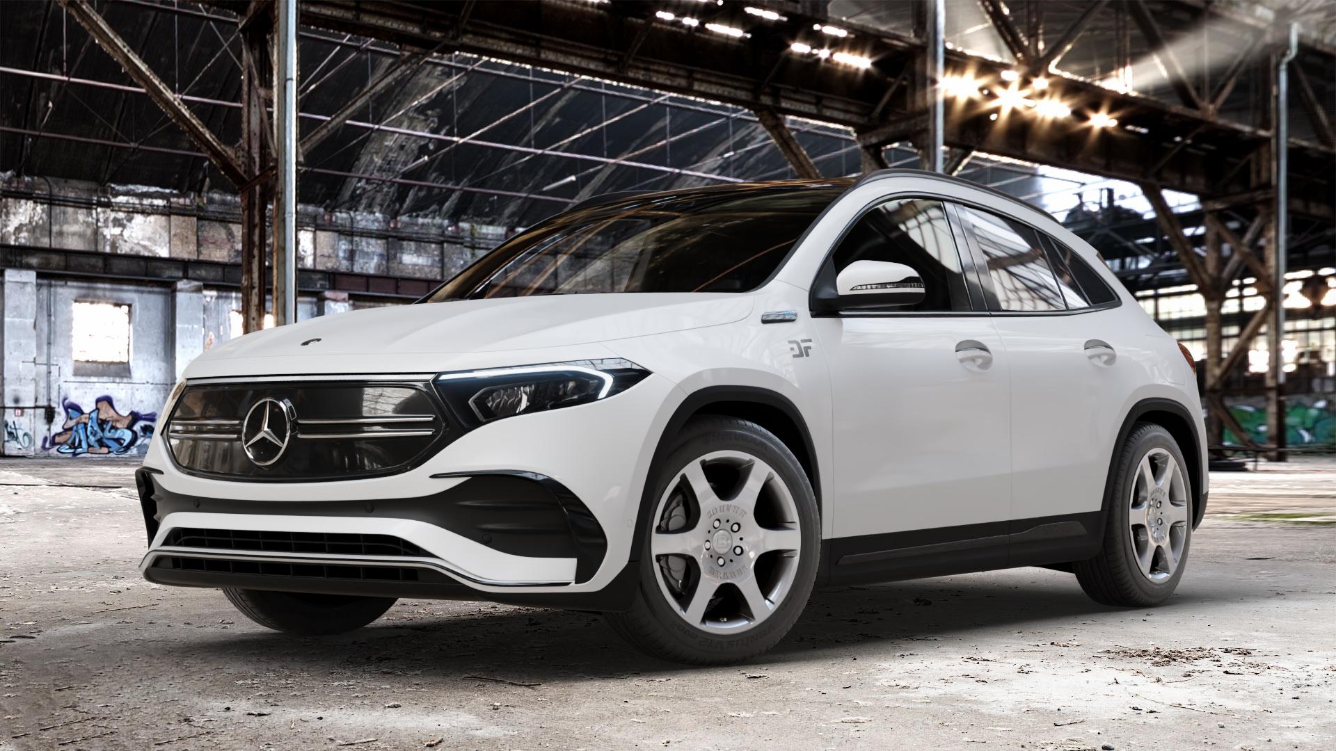 Brabus Monoblock A Silber lackiert Felge mit Reifen in 18Zoll Winterfelge Alufelge auf weissem Mercedes EQA Typ F2B ⬇️ mit 15mm Tieferlegung ⬇️ Old Industrial Hall_max_4400mm_2024 Frontansicht_1